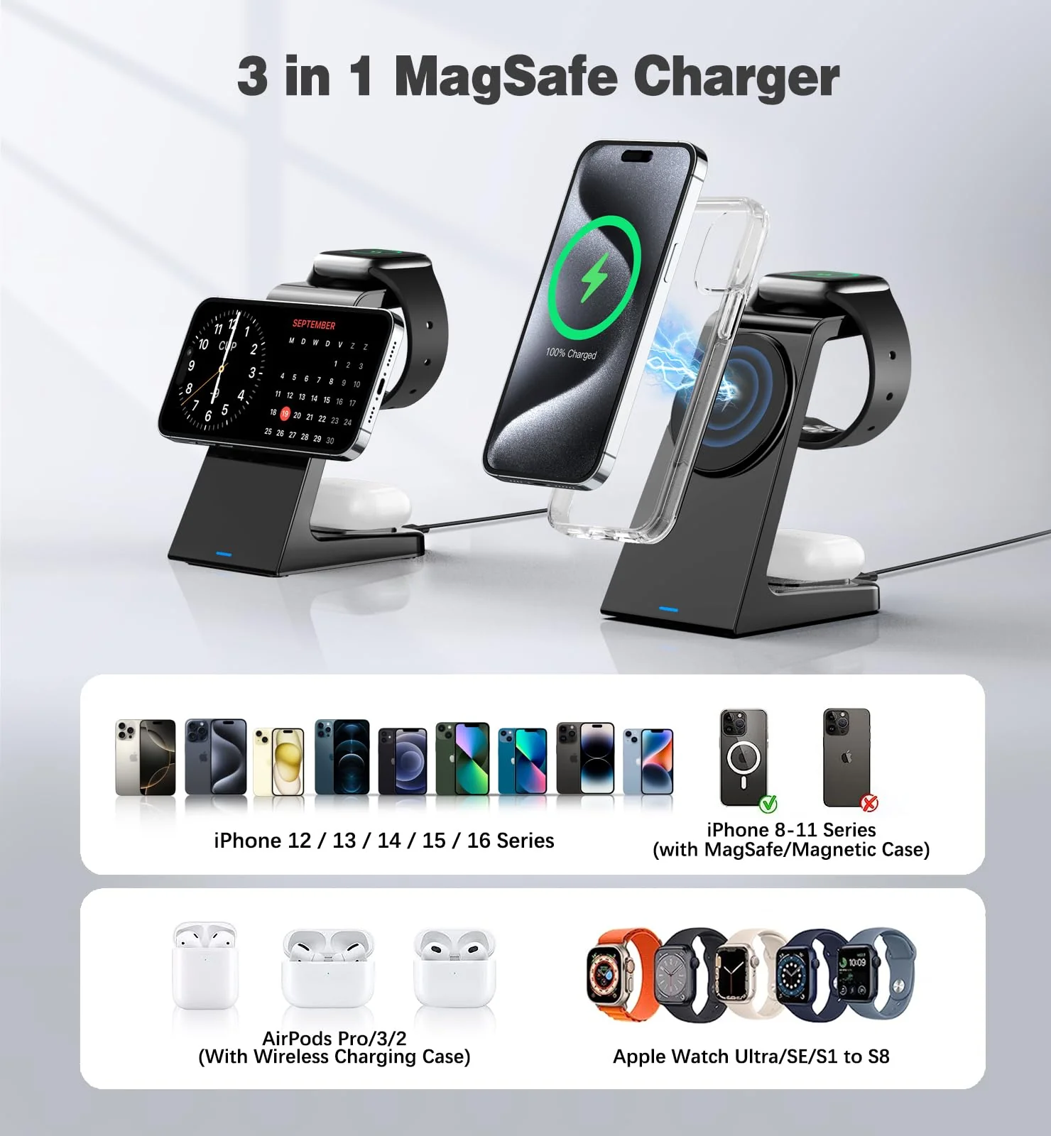 3 in 1 Magnetic Wireless Charging Station Apple 20W Mag-Safe Charger Stand Magnetic Wireless Charger for iPhone 16 15 14 13 12 Pro/Pro Max/Plus/Mini AirPods 2/3/Pro iWatch Ultra/8/7/SE/6/5/4/3/2 - Image 2
