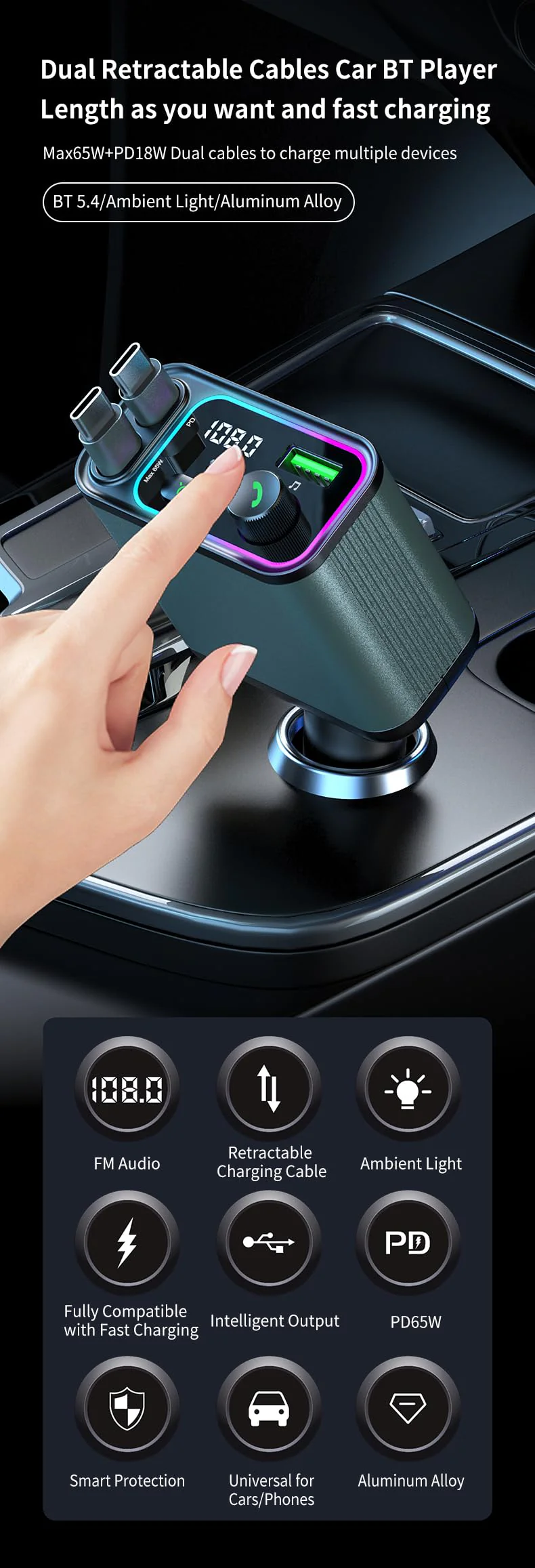 3 in 1 Retractable Car Charger Adapter & FM Transmitter Bluetooth Mp3 Player- Max 65W + 18W with 2 PD Fast Charging,2 Retractable Cables & USB-A Music Playback for iPhone,iPad,Samsung,Pixel - Image 3