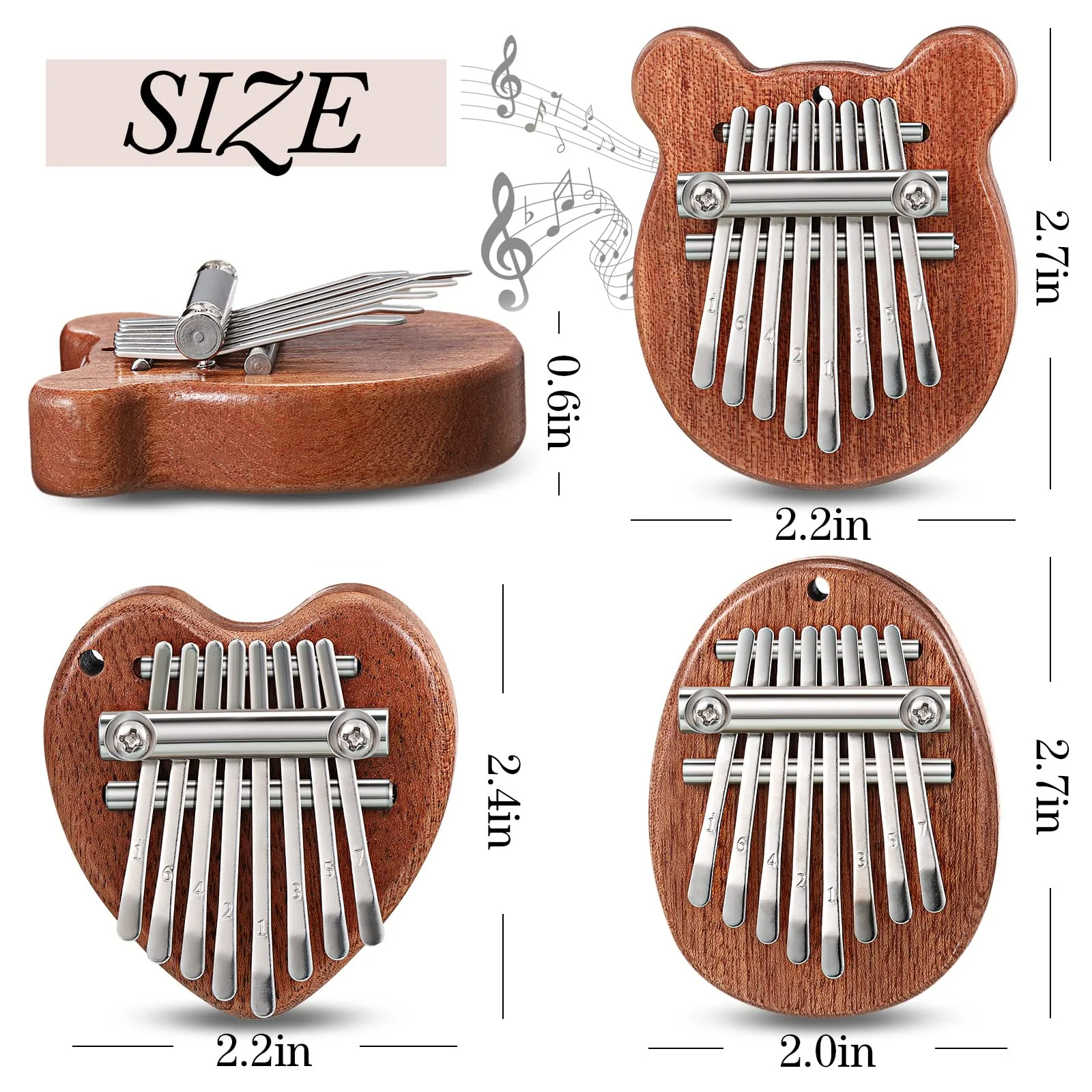3 Pack Finger Piano Gift Mini Thumb Piano with 8 Key Finger Thumb Piano Portable Mini Pocket Kalimba Cute Heart Oval Bear Kalimba Small Hand Piano for Kid Adult Christmas Musical Ready (2.7 Inch) 2.7 Inch - Image 2