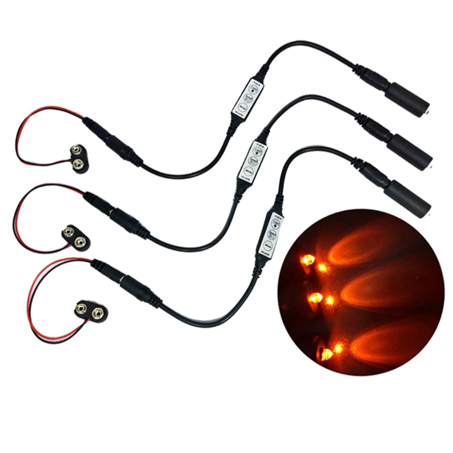 3 Pack Orange LED Micro Effect Lights Flash Blink Strobe Flicker dimmer Control 9V for Props Scenery