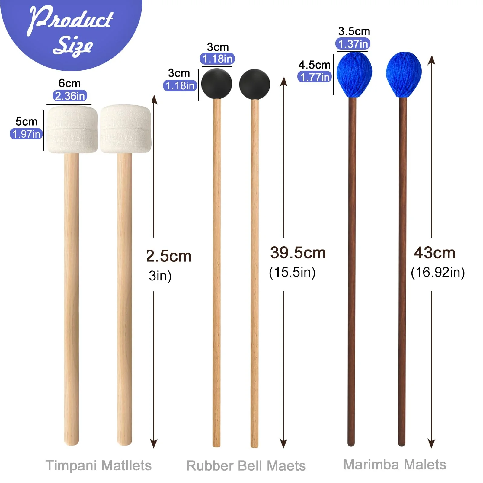 3 Pairs Blue Hard Yarn Head Keyboard Marimba Mallets,Black Rubber Bell Mallets,Felt Head Timpani Mallet,Xylophone Mallet Bass Drum Stick Glockenspiel Sticks for Percussion Instrument 3 Pairs - Image 2