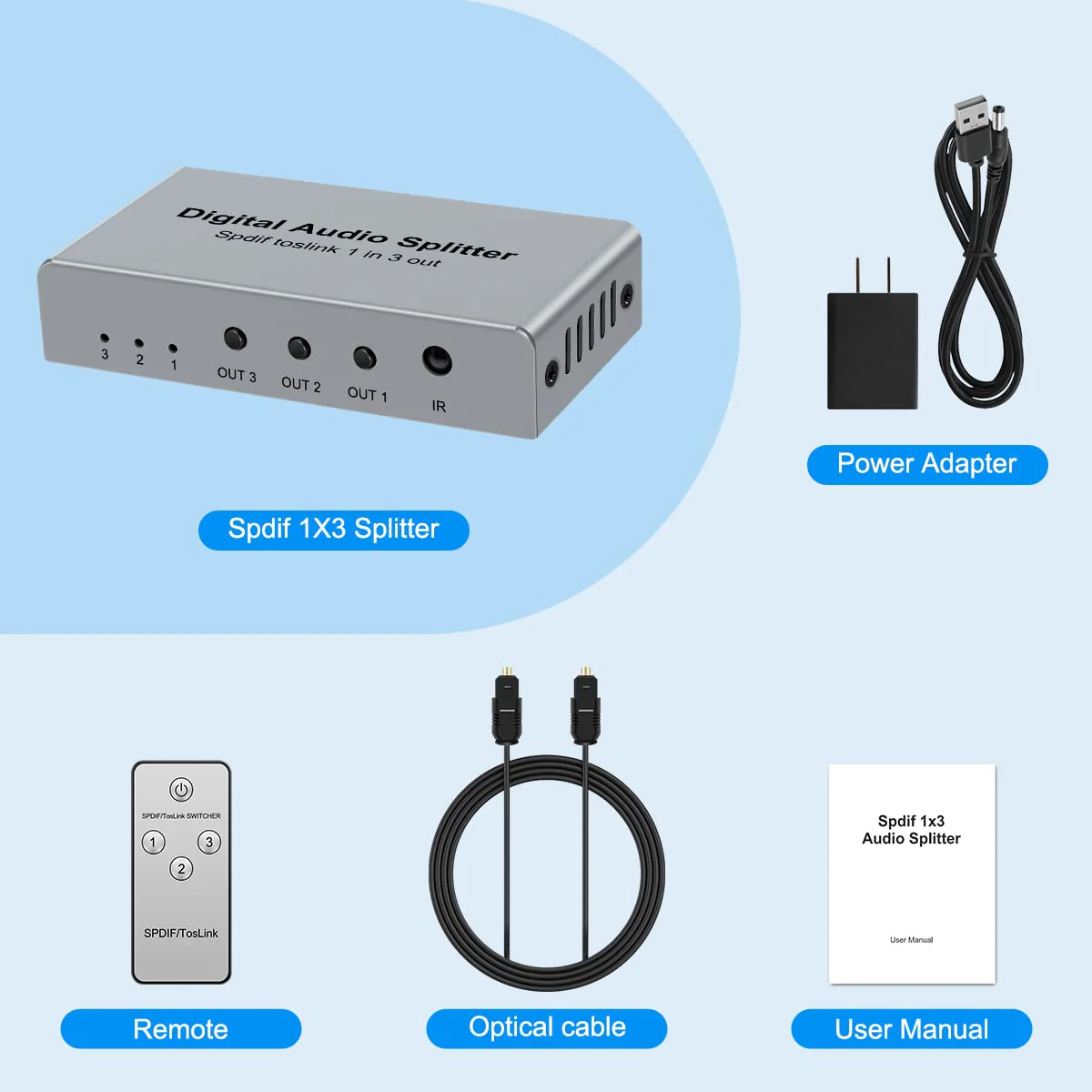 3 Port SPDIF Toslink Fiber Audio Splitter, Digital Optical Splitter 1x3(1 in 3 Out) with Optical Cable for TV, Support Dolby Digital DTS 5.1 PCM Stereo LPCM 96KHZ - Image 6