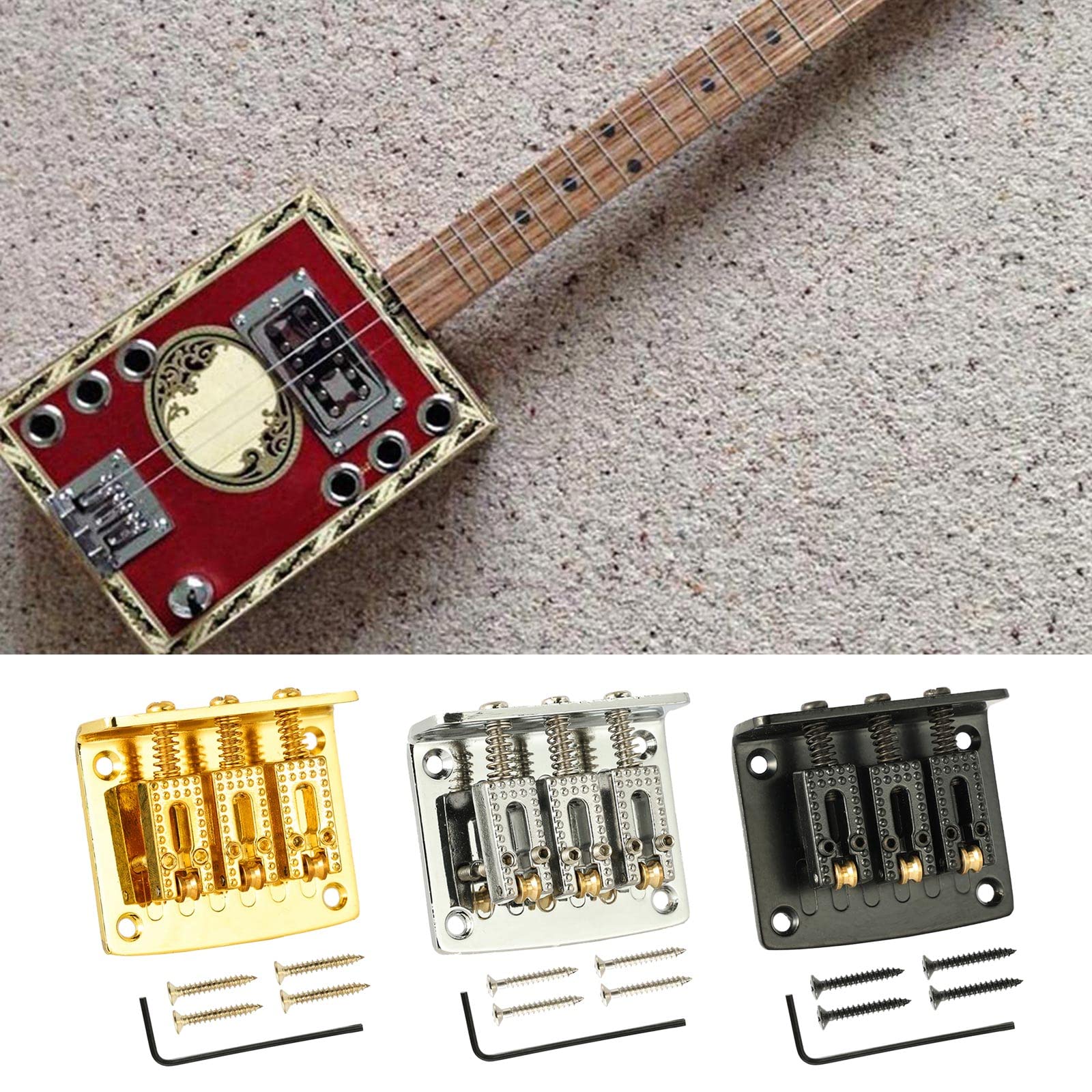 3 String Cigar Box Guitar Bridge, Electric Guitar Bridge Tailpiece Top Load Fixed Hardtail Saddle Cigar Box Guitar Parts, Black - Image 2