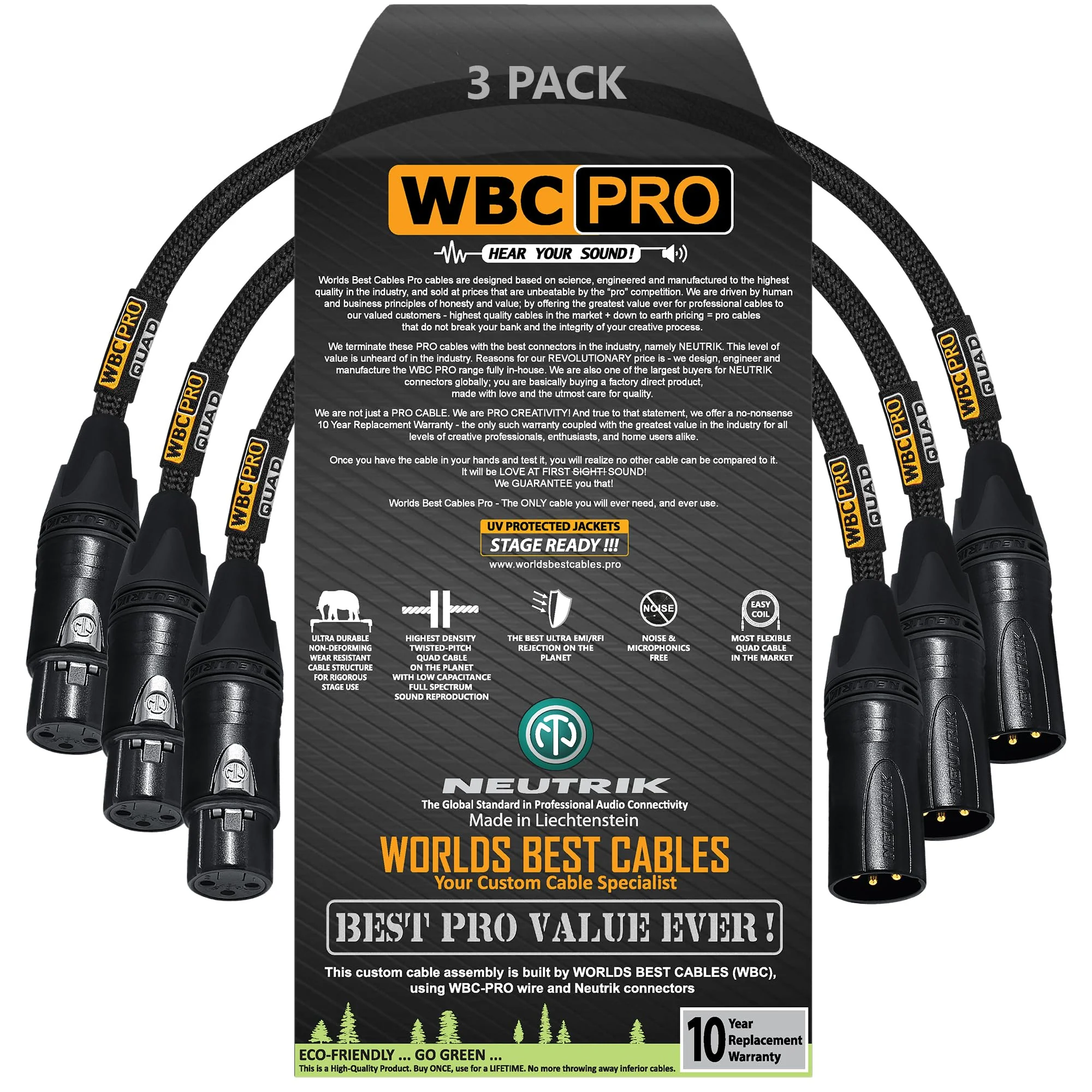 3 Units - 1.5 Foot - WBC-PRO-Quad Ultra-Silent Ultra-Flexible Balanced Star-Quad Cable with Neutrik Male & Female XLR Plugs & Black Tweed Jacket