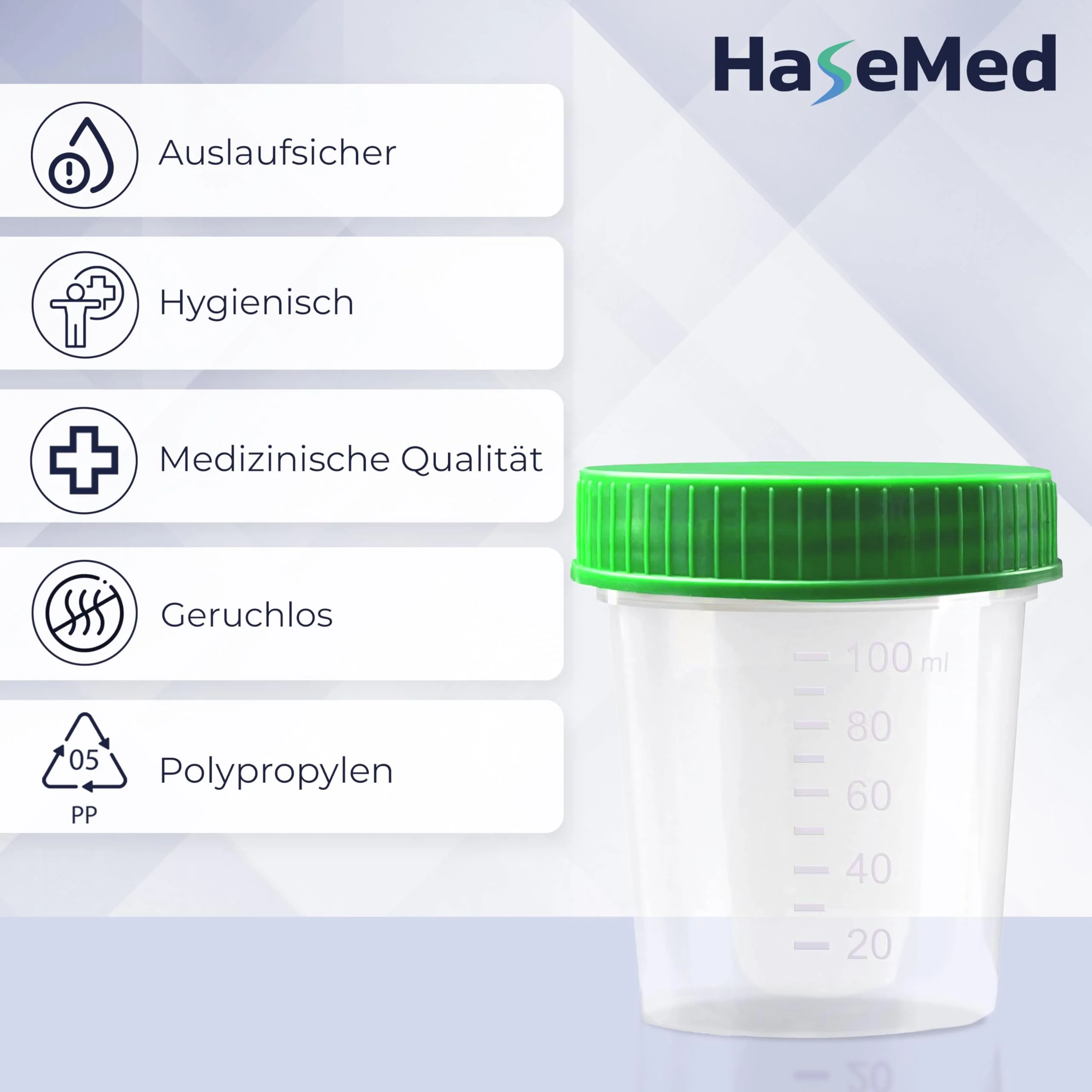3 x HaseMed Premium Urine Cup Sample Cup | 125 ml, Screw Cap Lid, Green, Graduated up to 100 ml, Leak-Proof, Writeable, Freezable 3 - Image 3