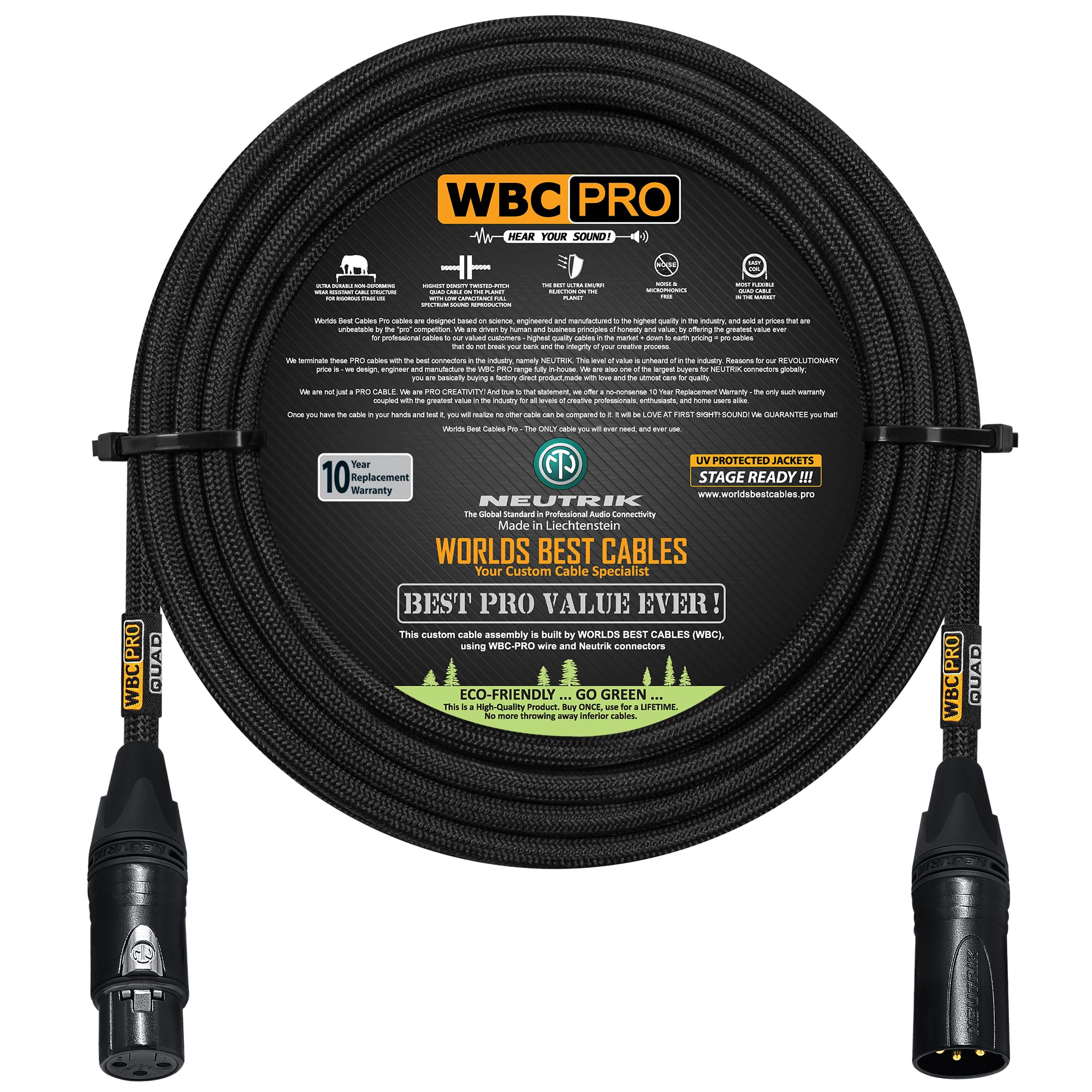 30 Foot - WBC-PRO-Quad Ultra-Silent Ultra-Flexible Balanced Star-Quad Cable with Neutrik Male & Female XLR Plugs & Black Tweed Jacket