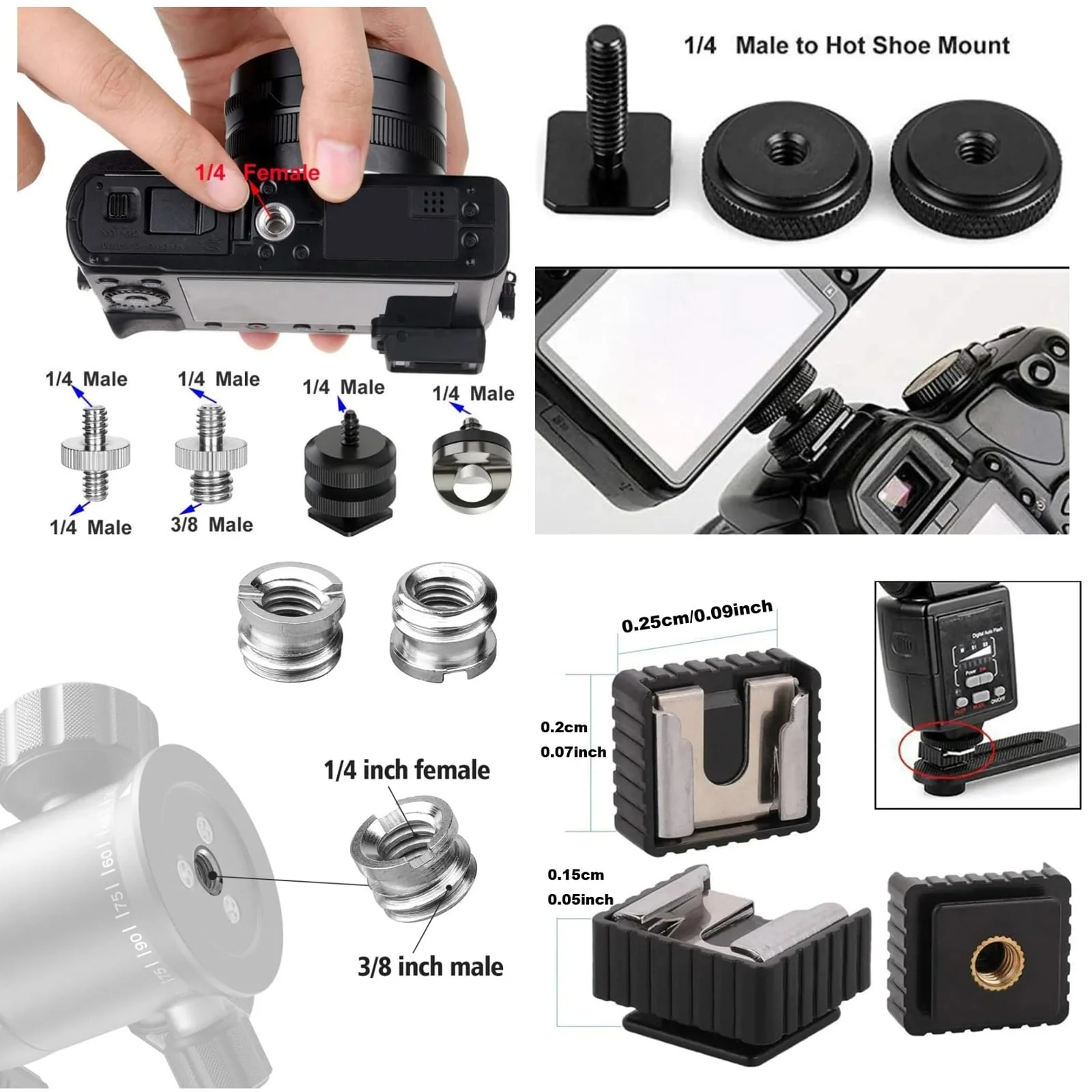 30Pack Camera Tripod Screw Mount Kit 1/4 to 3/8 Inch Adapter Threaded Converter 1/4" Swivel Ball Head and Hot Shoe E Clip for DSLR/Monopod/Flash Light/Quick Release Plate - Image 2