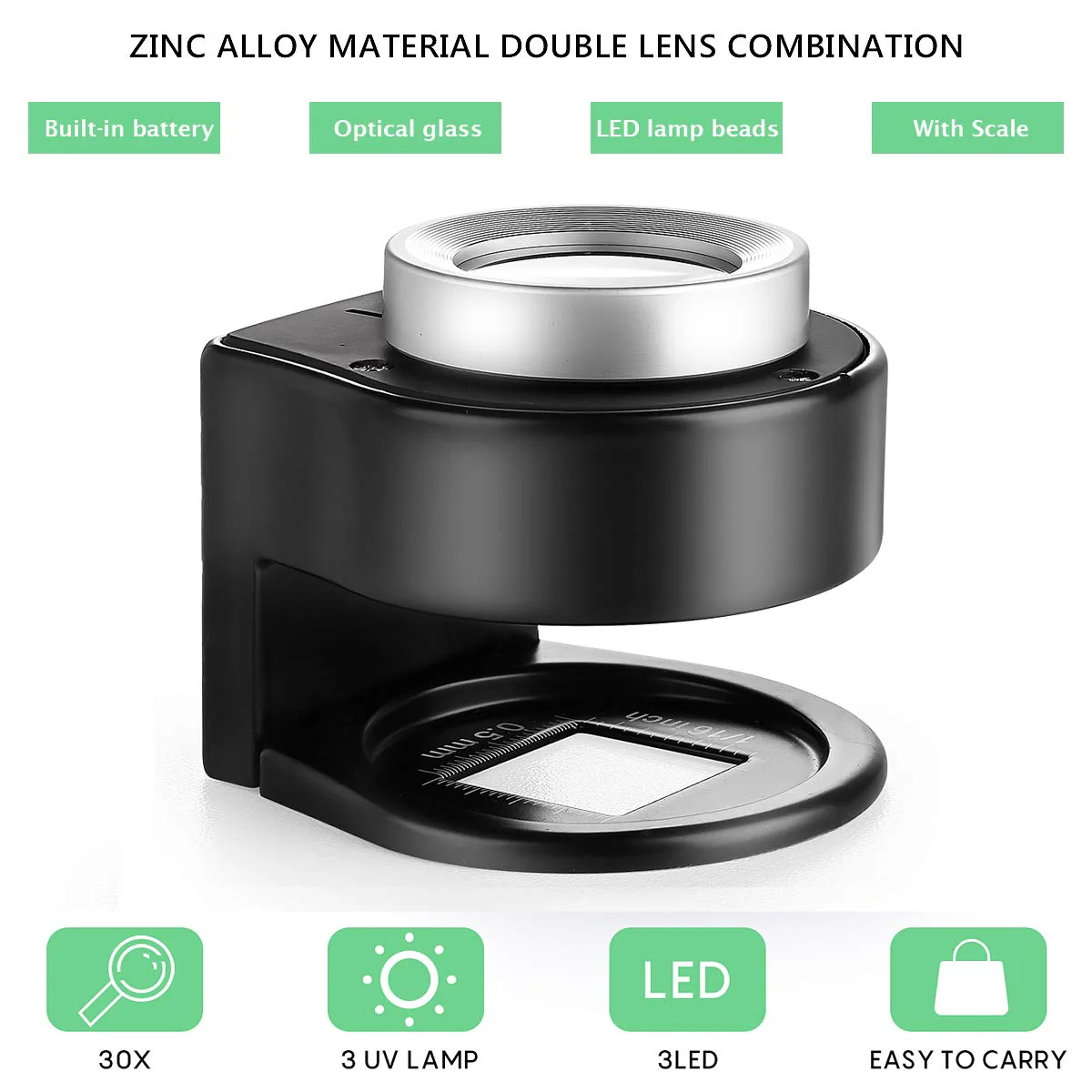 30X Coin Magnifier, USB Rechargeable 6 Lights Portable Metal Eye Loupe Sewing Magnifying Glass for Textile Optical Jewelry Tool Coins Currency Stamps (Black) - Image 2