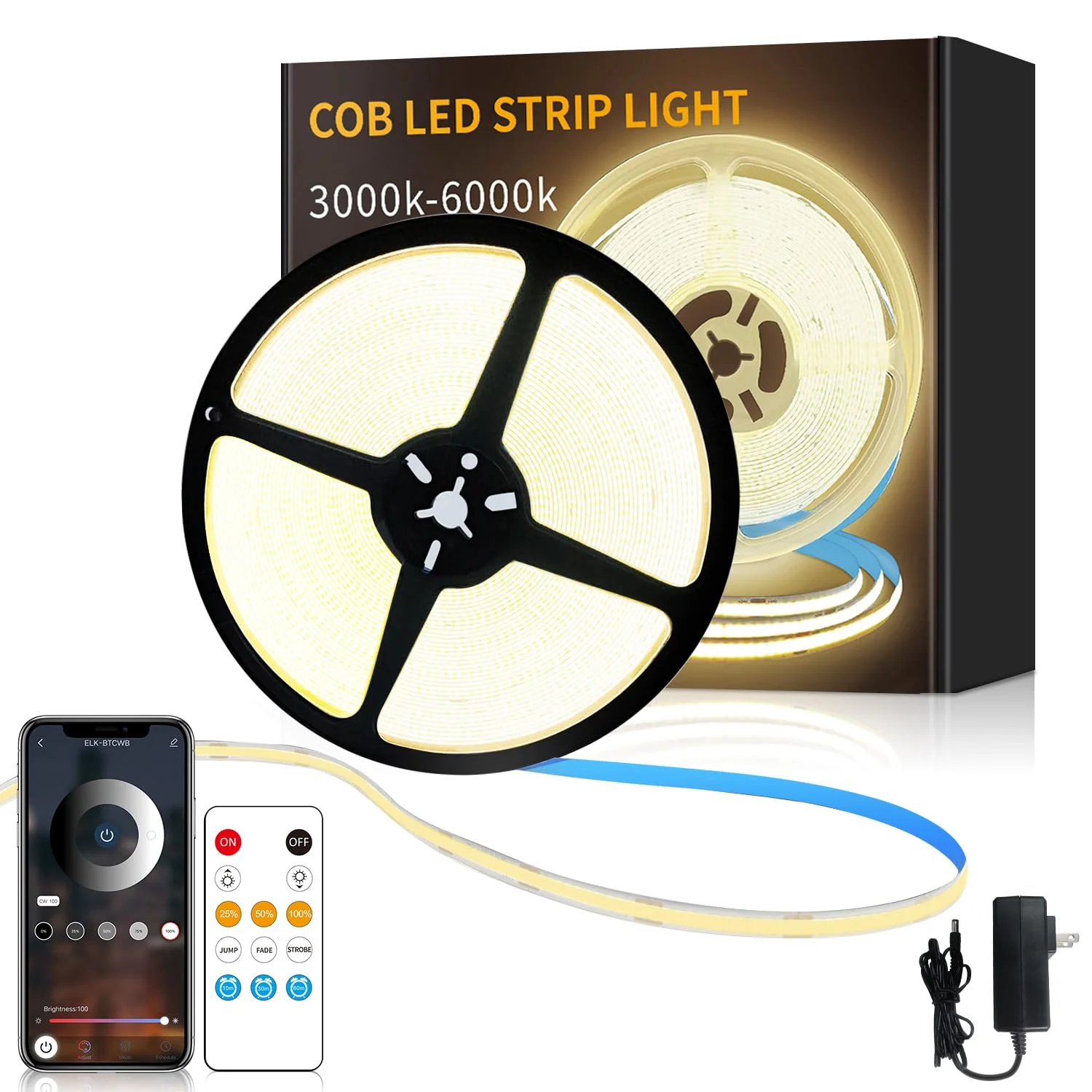 32.8ft COB LED Strip Lights 3000K Warm White Dimmable DC 24V Flexible LED Tape Light for Bedroom, with Remote and app Control LED Light Strip,for DIY Home Decoration 32.8FT