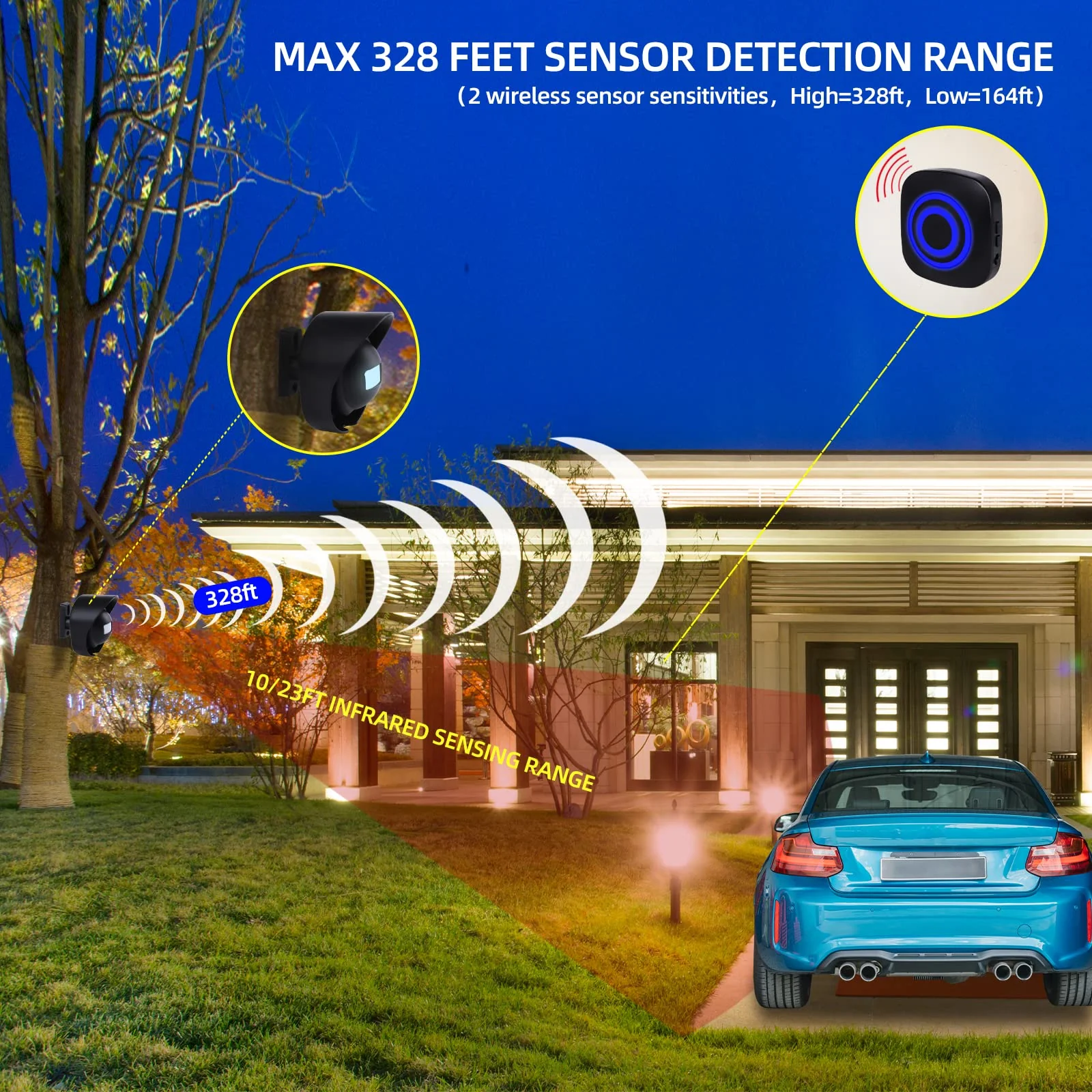 328ft Range Wireless Driveway Alarm Outside Weather Resistant Motion Sensor Alarm Security Alert-Protect Outdoor/Indoor Property-2 Receiver and 3 PIR Motion Detector-38 Chimes Black 2 alarms + 3 waterproof sensors - Image 4