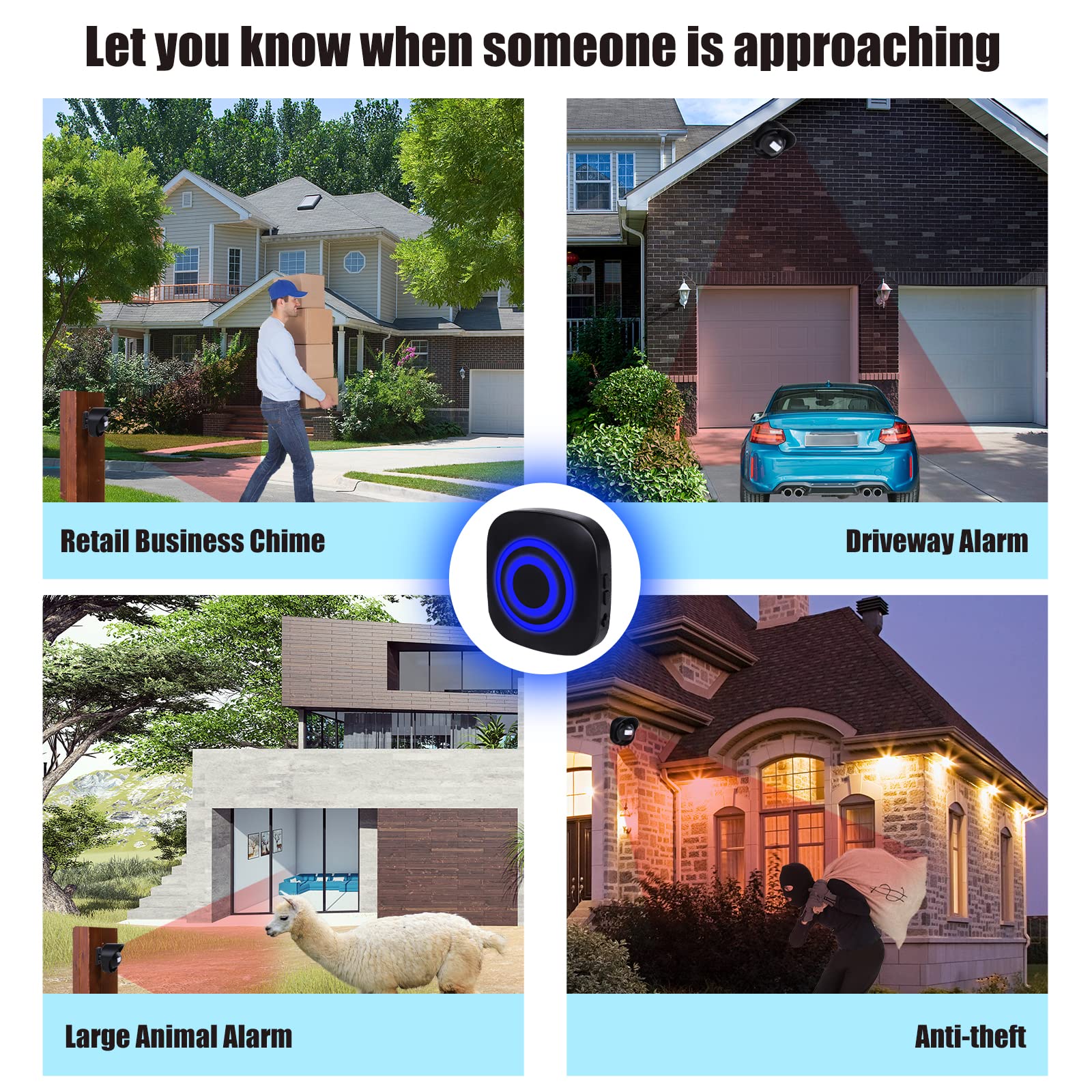 328ft Range Wireless Driveway Alarm Outside Weather Resistant Motion Sensor Alarm Security Alert-Protect Outdoor/Indoor Property-2 Receiver and 3 PIR Motion Detector-38 Chimes Black 2 alarms + 3 waterproof sensors - Image 6