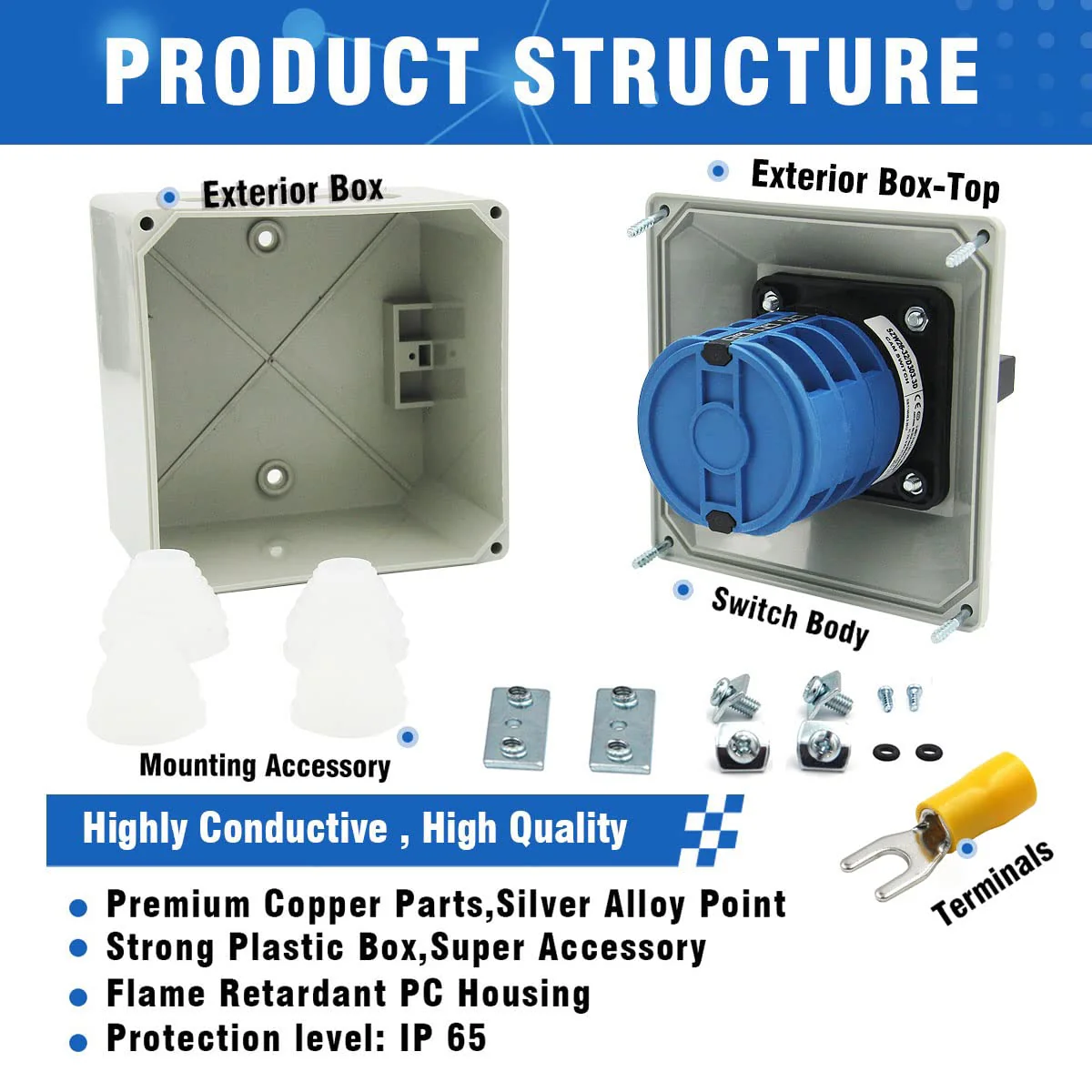 32A Rotary Changeover Switch With Exterior Box, 3 Position 3 Phase 12 Terminals, 2-Way 3NO 3NC Universal Selector, Cam Switch Box IP65, CE (30 Amp.) - Image 5