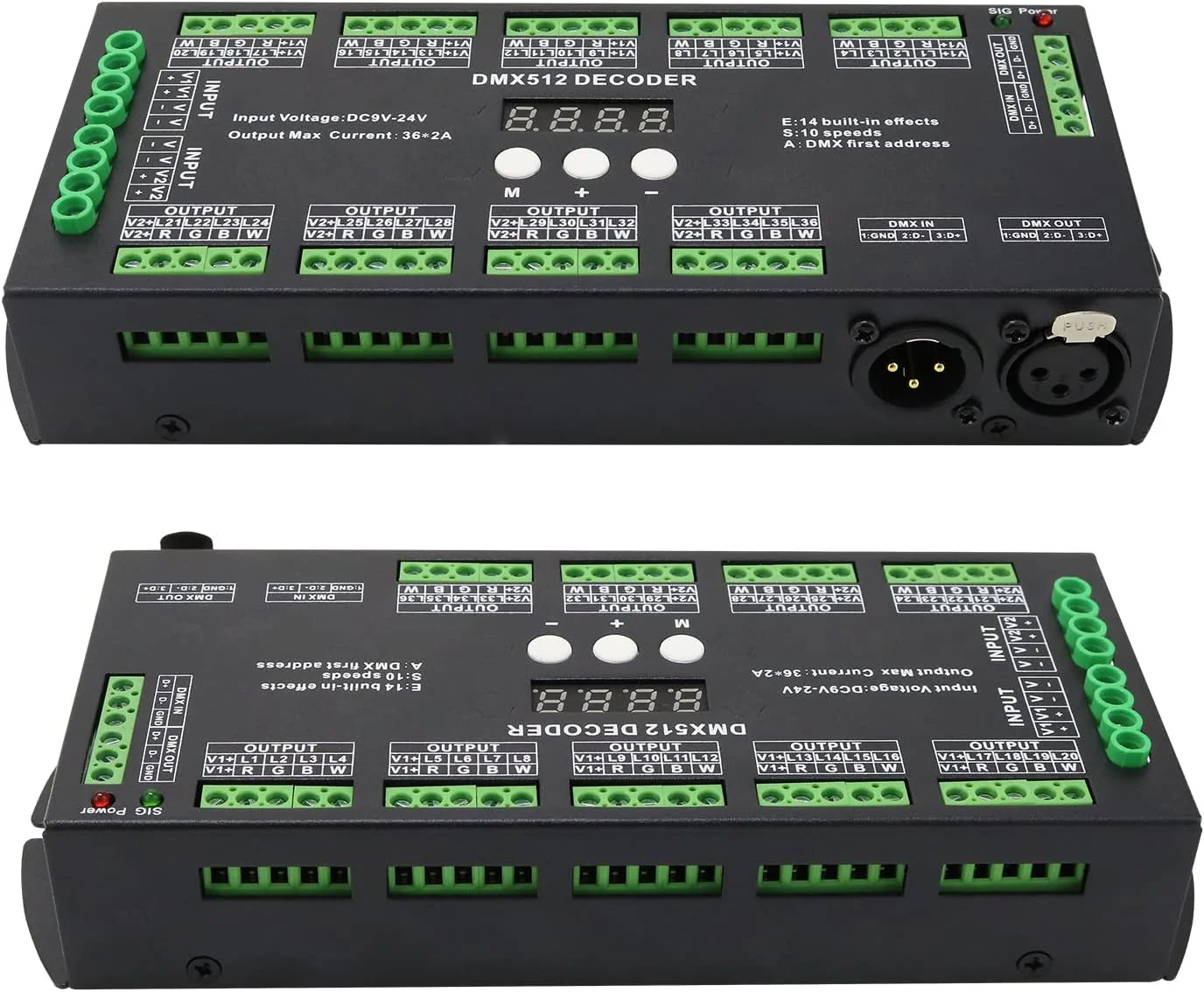 36 Channel DMX Decoder,72A RGBW led light dmx controller Digital Display DMX512 Dimmer DC9V-24V 8 Bit 2A/CH 36 channel with display