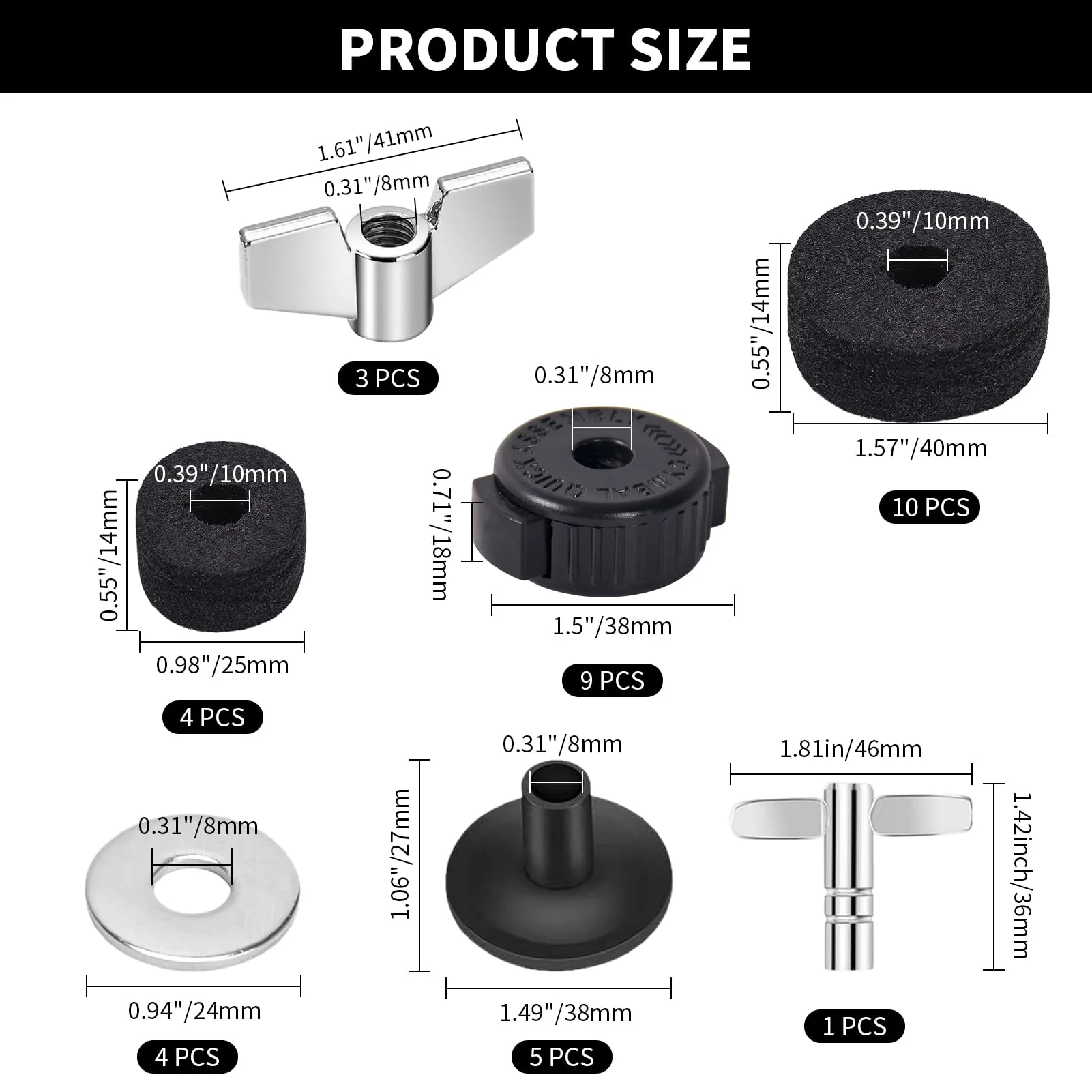 36 PCS Cymbal Replacement Accessories, Clutch Felts, Drum Cymbal Felt Pads Include Wing Nuts & Washers & Plastic Cymbals Sleeves & Drum Key and Plastic Cymbals Nuts, Replacement for Drum Set,Black Black - Image 2