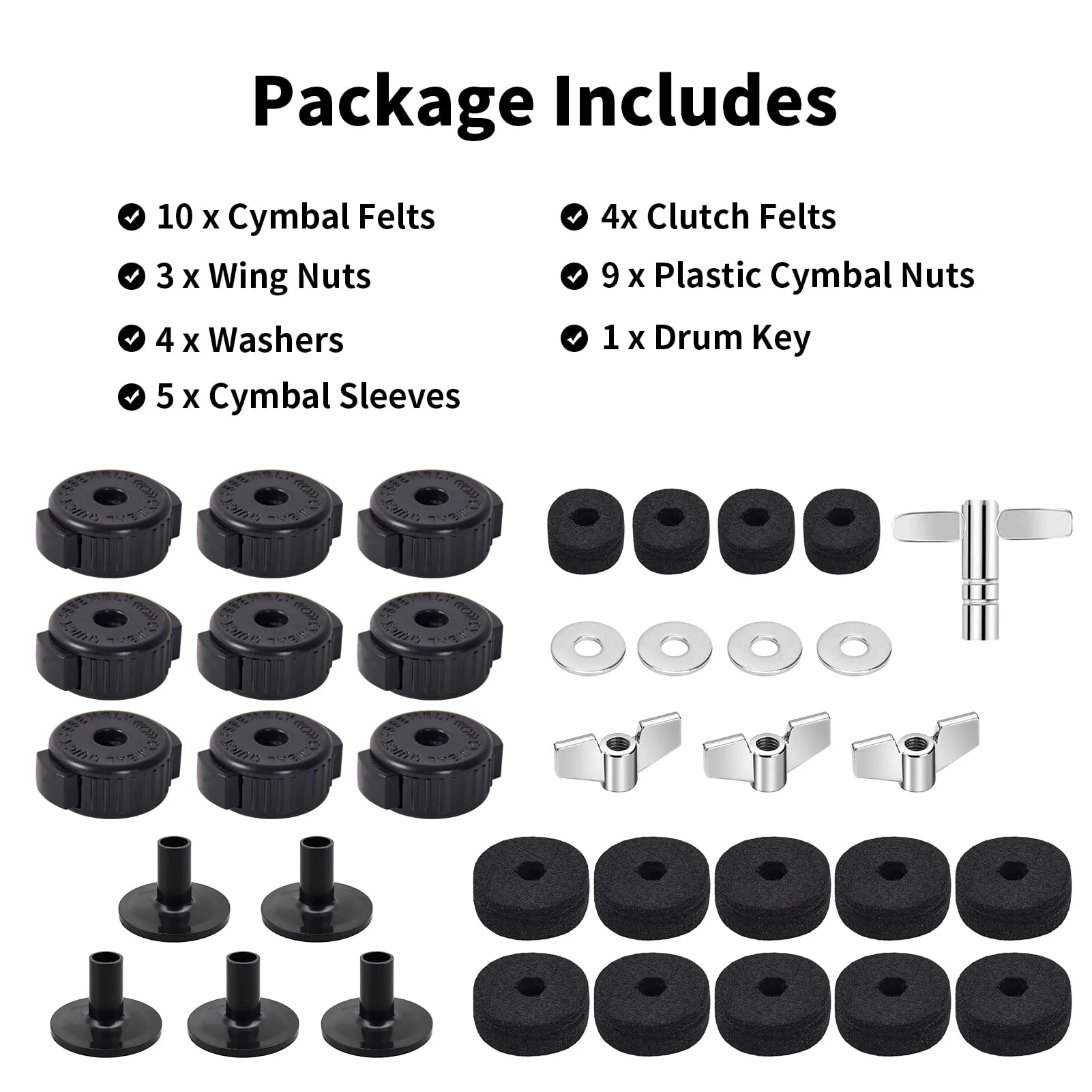 36 PCS Cymbal Replacement Accessories, Clutch Felts, Drum Cymbal Felt Pads Include Wing Nuts & Washers & Plastic Cymbals Sleeves & Drum Key and Plastic Cymbals Nuts, Replacement for Drum Set,Black Black - Image 7