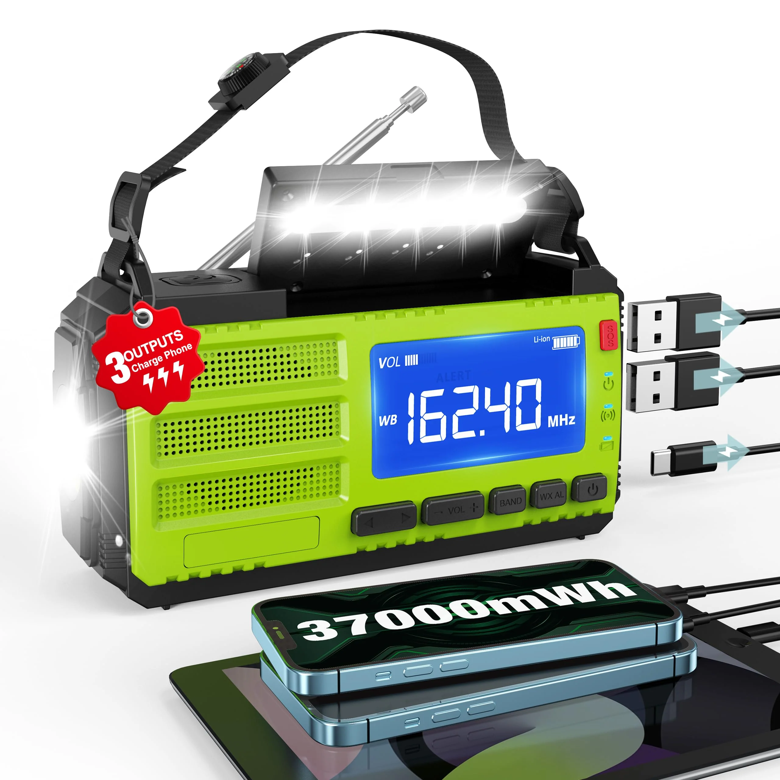 37000mWh Hand Crank Emergency Radio, AM FM NOAA Weather Alert Radio, Portable Solar Radio, 4 Charging Methods, 3-Mode Flashlight, Reading Lamp, SOS Alarm, Phone Charger for Winter Storm Emergency Green