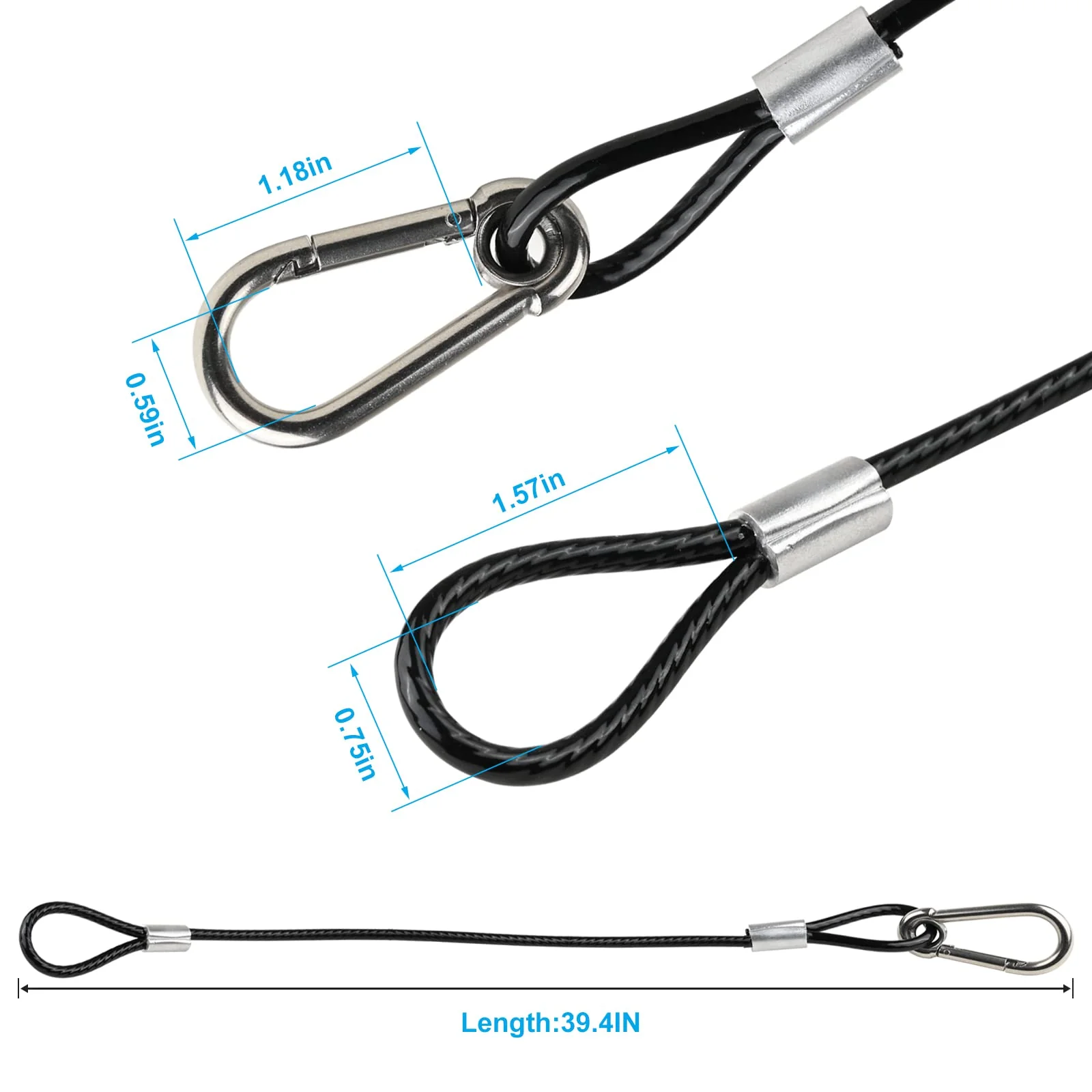 39.4" Safety Cable Black Coated Stainless Steel Security Cable with Carabiner Lock, 110lb Safety Rope for DJ Stage Light LED Par Light Moving Head Light Bicycle Luggage(4 PCS) - Image 2
