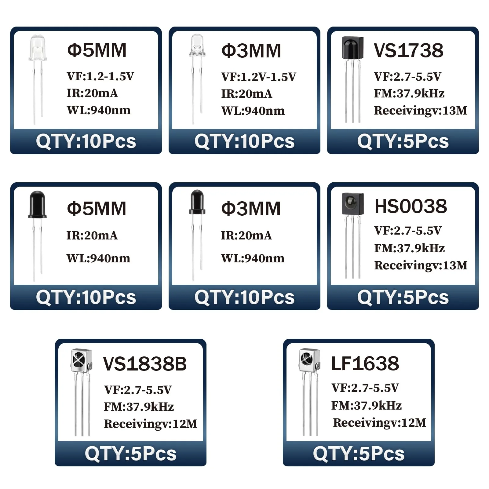 3mm 5mm 940nm LEDs Infrared Emitter and IR Receiver Diode 1738 1838 0038 1638 Receivers Tube Kit (Pack of 60pcs) - Image 2