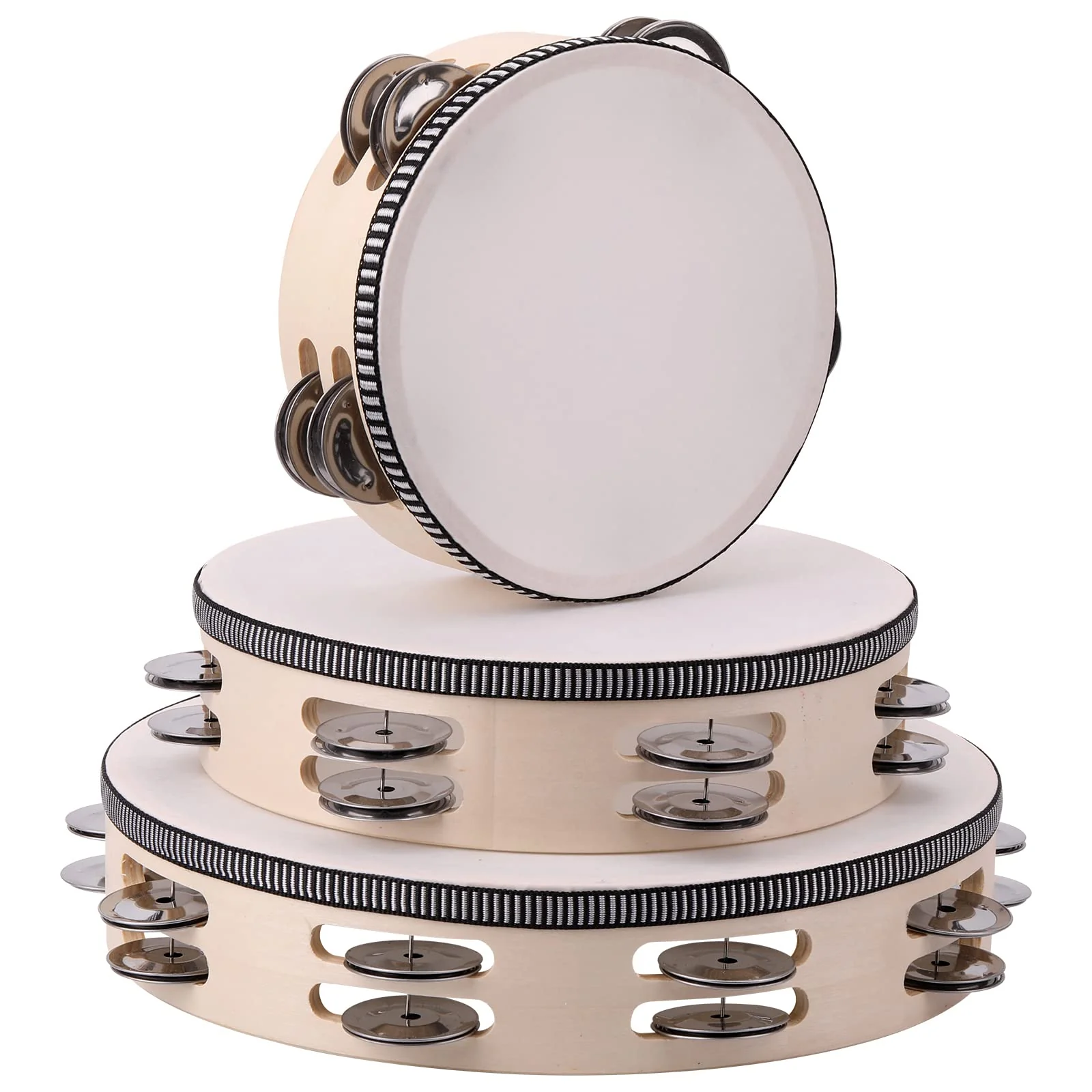 3Pack Double Row Tambourine for Adults 6 Inch 8 Inch 10 Inch Wooden Tambourines Hand Held Drum Bell Tambourine with Metal Jingles, Percussion Musical Instruments Hand Tambourine for Church, Party 6IN-8IN-10IN