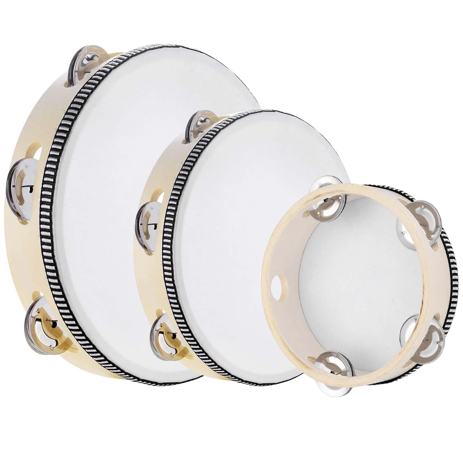 3PCS Handheld Tambourine, 3 Packs tamborines 6”8”10”Tambourine For Adults Wooden Tambourines Drum Percussion, Tambourine Gift Musical Educational Metal Jingles Church KTV Party Music Therapy White