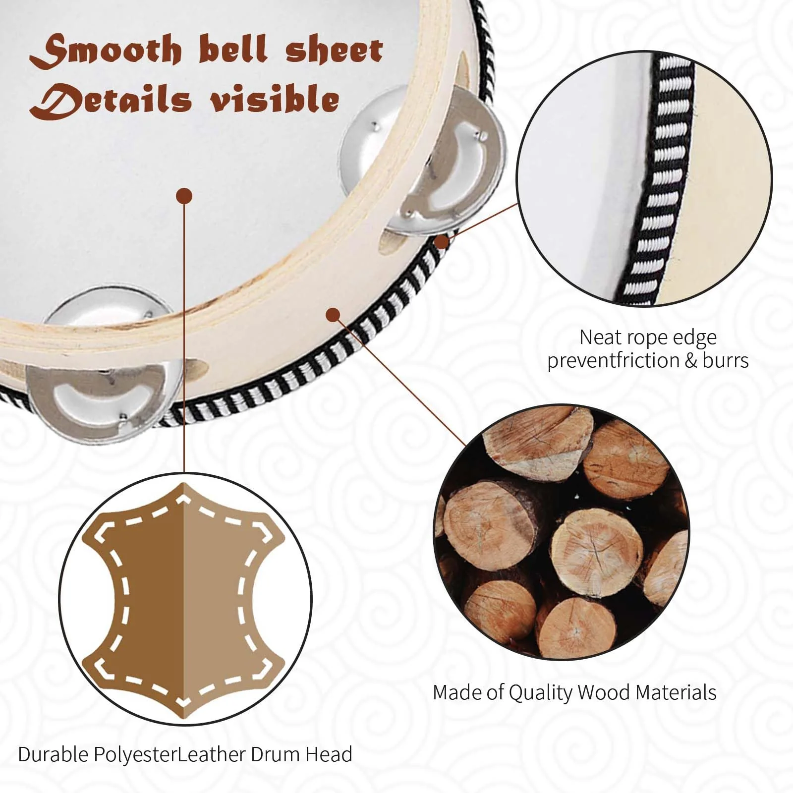 3PCS Handheld Tambourine, 3 Packs tamborines 6”8”10”Tambourine For Adults Wooden Tambourines Drum Percussion, Tambourine Gift Musical Educational Metal Jingles Church KTV Party Music Therapy White - Image 2