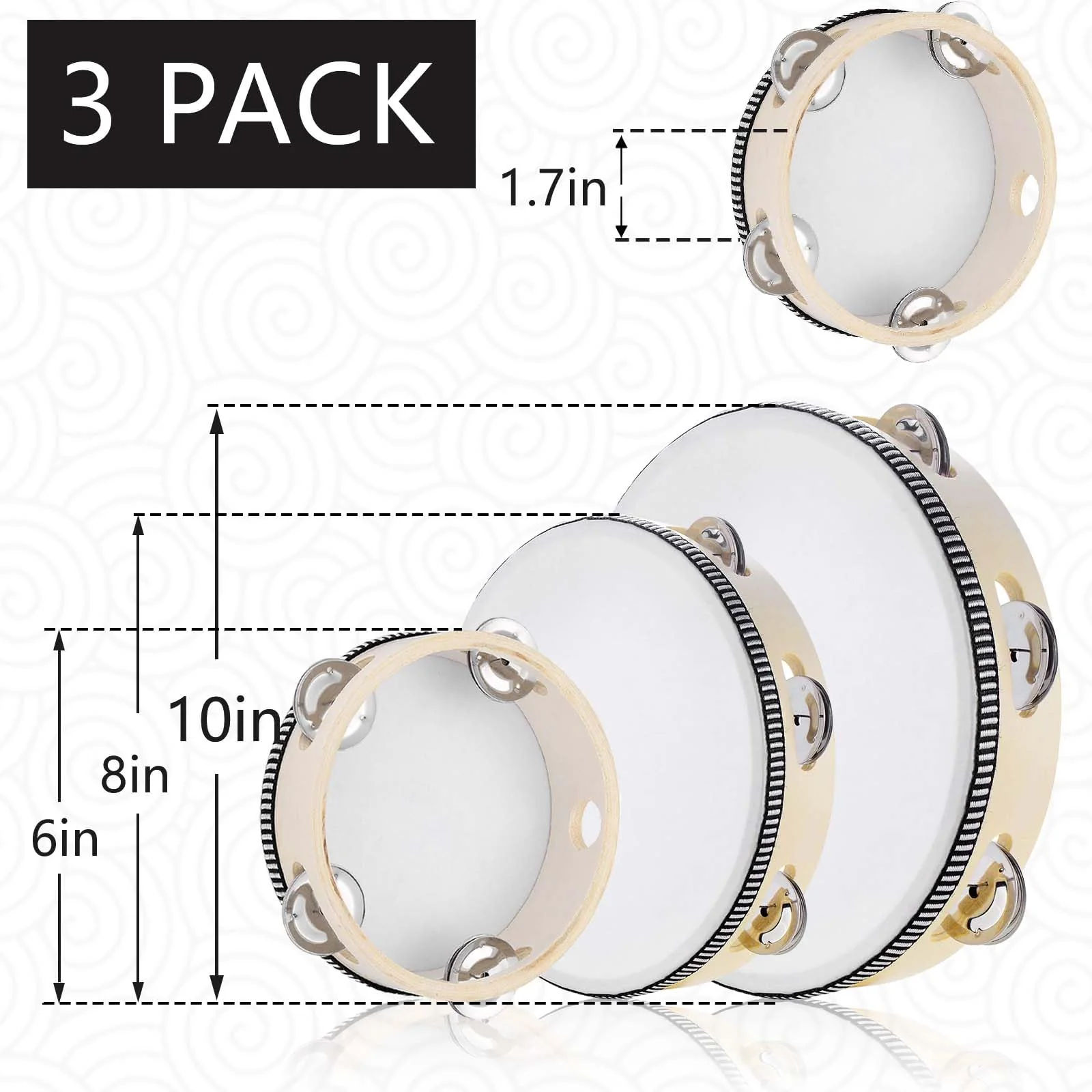 3PCS Handheld Tambourine, 3 Packs tamborines 6”8”10”Tambourine For Adults Wooden Tambourines Drum Percussion, Tambourine Gift Musical Educational Metal Jingles Church KTV Party Music Therapy White - Image 4