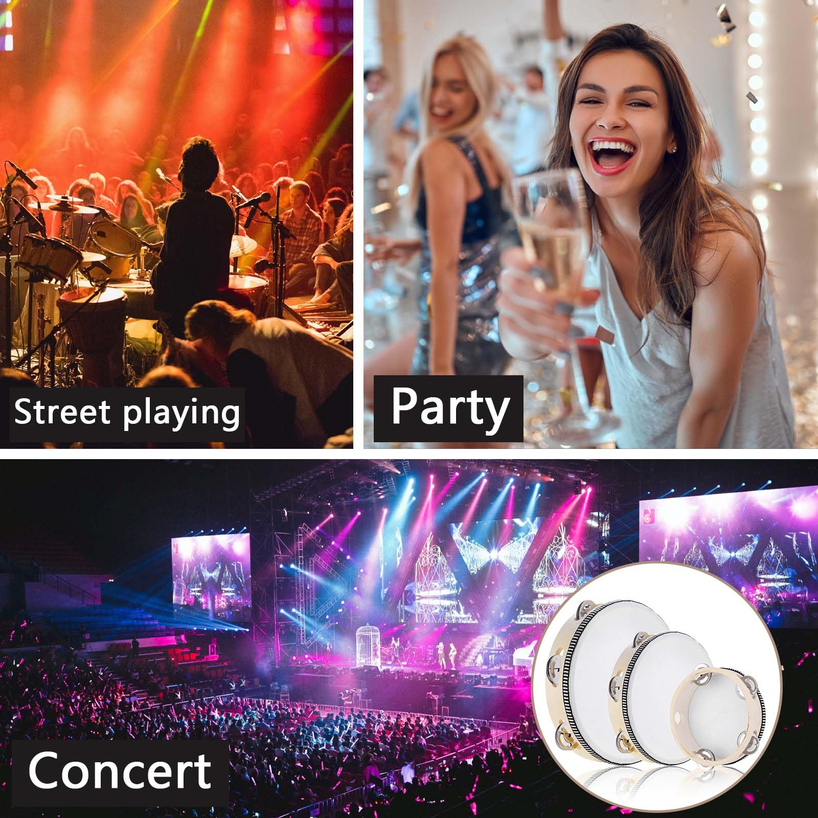 3PCS Handheld Tambourine, 3 Packs tamborines 6”8”10”Tambourine For Adults Wooden Tambourines Drum Percussion, Tambourine Gift Musical Educational Metal Jingles Church KTV Party Music Therapy White - Image 6