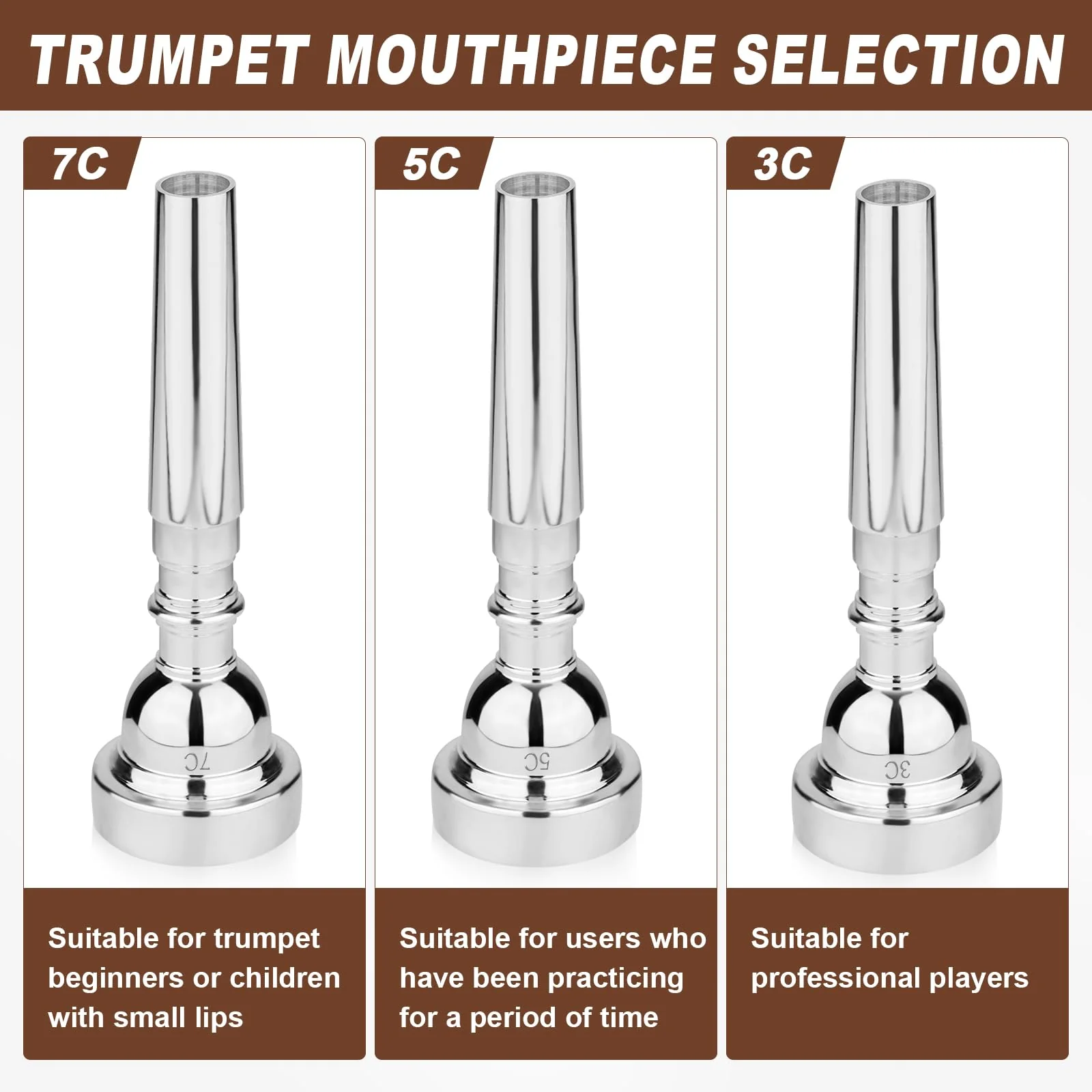 3pcs Trumpet Mouthpiece, 3C 5C 7C Trumpet Instrument Accessories Brass Trumpet Mouthpiece for Music Lovers Musicians Beginner Gifts - Image 3