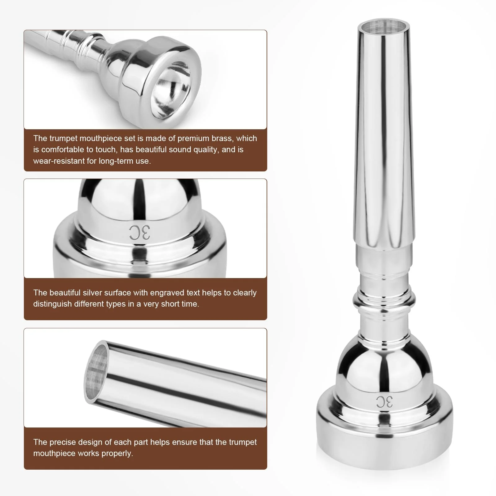 3pcs Trumpet Mouthpiece, 3C 5C 7C Trumpet Instrument Accessories Brass Trumpet Mouthpiece for Music Lovers Musicians Beginner Gifts - Image 4