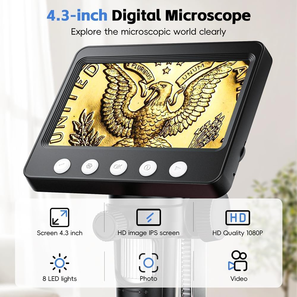 4.3" Digital Microscope for Adults, SKYEAR Coin Microscope 1000X Magnification with 8 Ajustable LED Fill Lights, USB Microscope for Windows/MacOS, Coin Collection Supplies-Black Black - Image 2