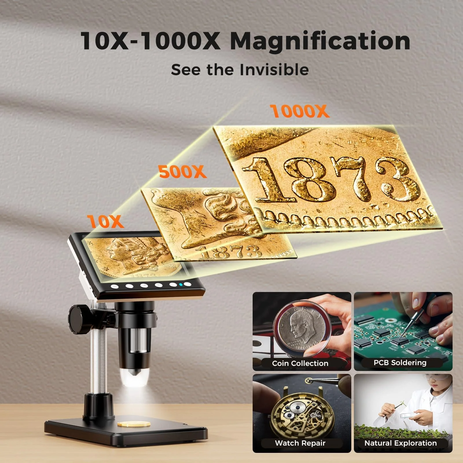 4.3 Inch LCD Digital Coin Microscope, 1000X USB Magnifier with 8 Adjustable LED Lights for Coin Inspection, Electronics Repair, Soldering, Windows/Mac Compatible, 1080P - Image 2