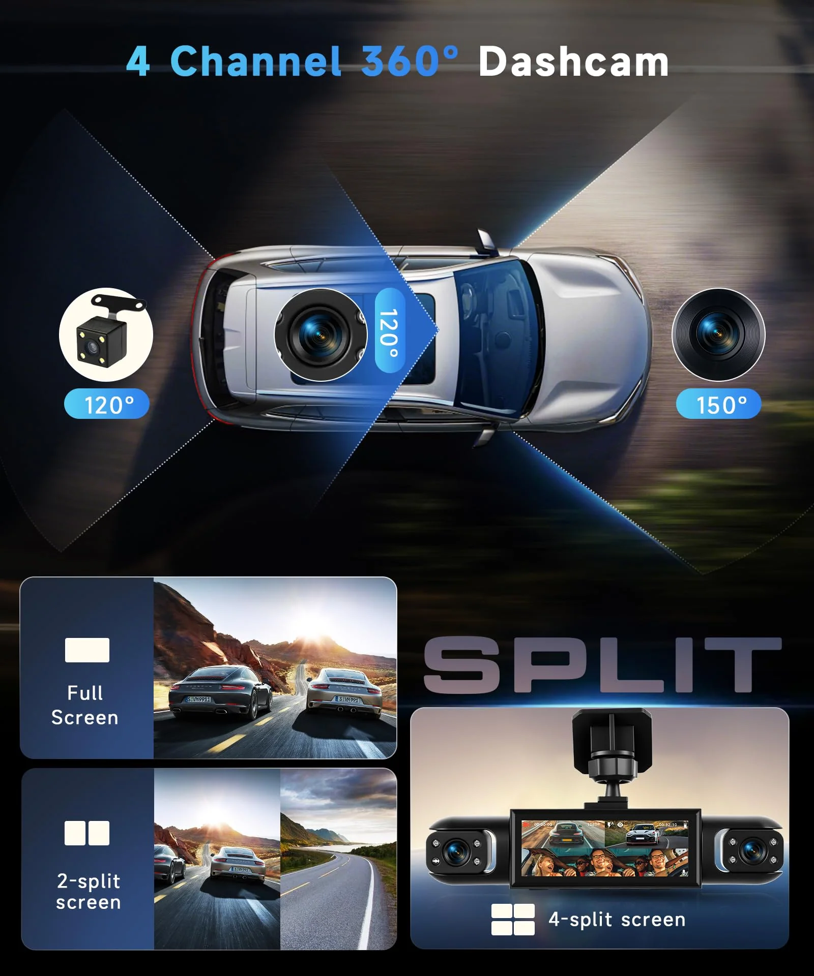 4 Channel 360° Dash Camera Front and Rear Inside Left Right, 3.16 Inch Dash Cam for Cars, Built-in Night Vision, Sensitive Motion Detection 24/7 Recording Parking Mode Monitor Reversing Help - Image 3