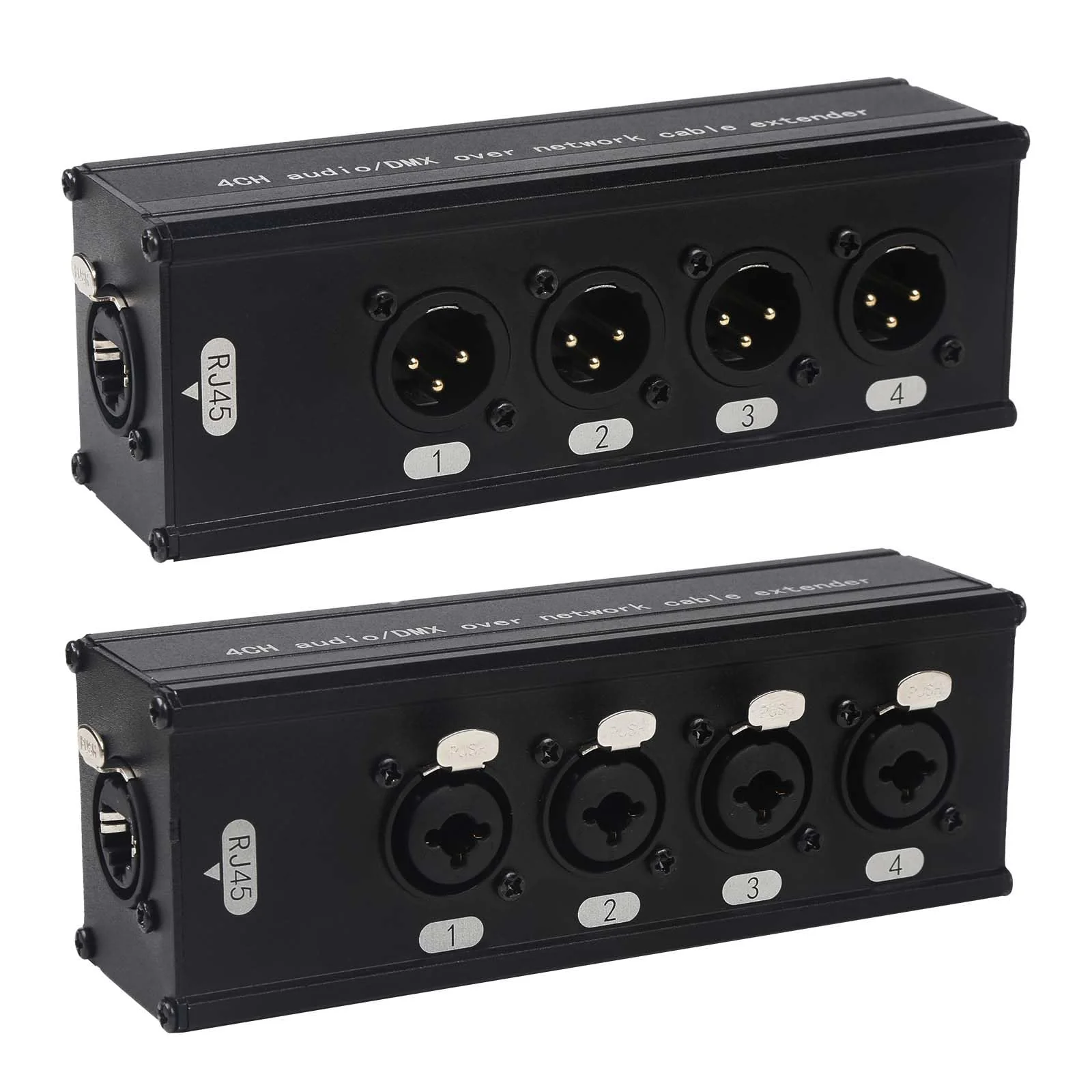 4-Channel DMX XLR to Ethernet Extender, 3-Pin XLR Male/Female & Ethercon Adapter, Cat5/Cat6/Cat7 Network Cable Converter (1 Pair: Male + Female) | Long-Distance Audio Signal Transmission XLR-XLR/6.35mm