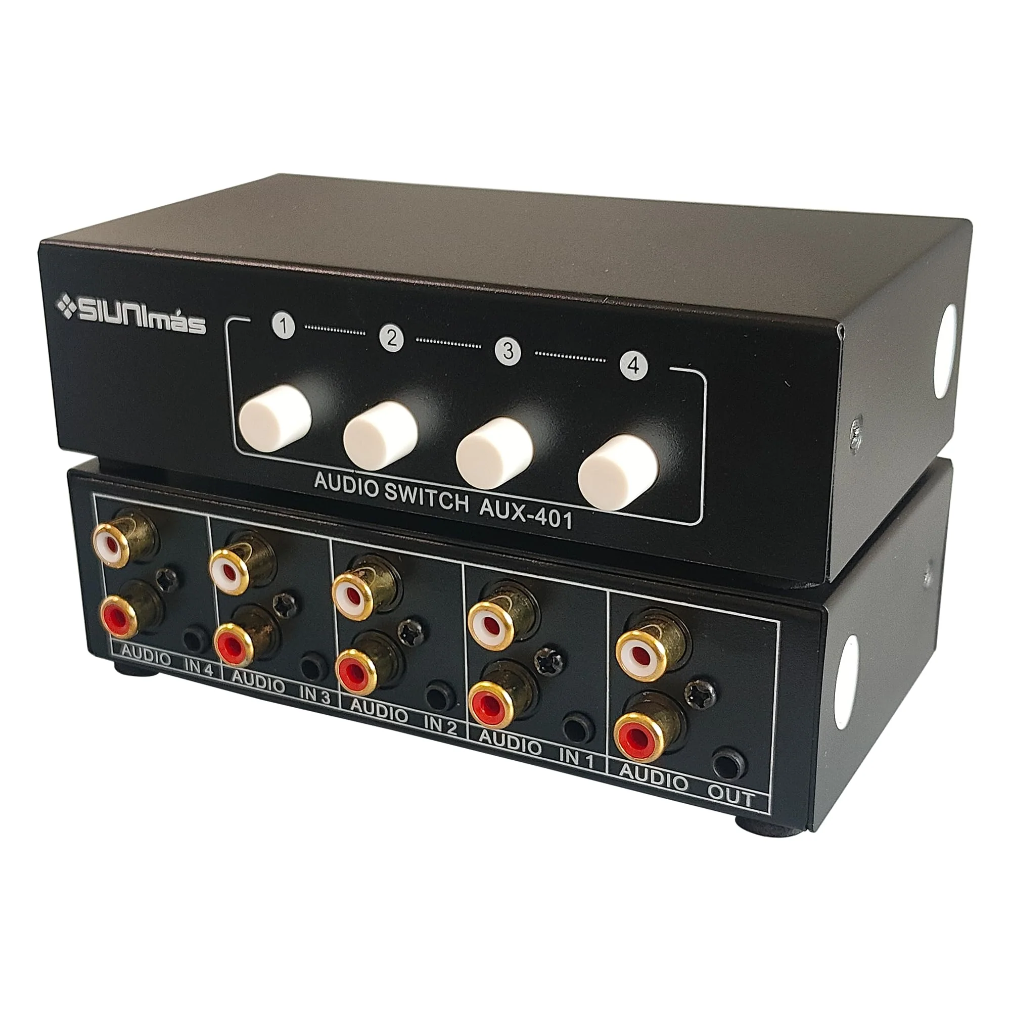 4-in 1-Out RCA and 3.5mm Aux Audio Receiver Switching Box 4 Channels Audio Converter Passive Audio Selector Switch Box 1-in 4-Out (S401-RCA AUX) S401-RCA AUX