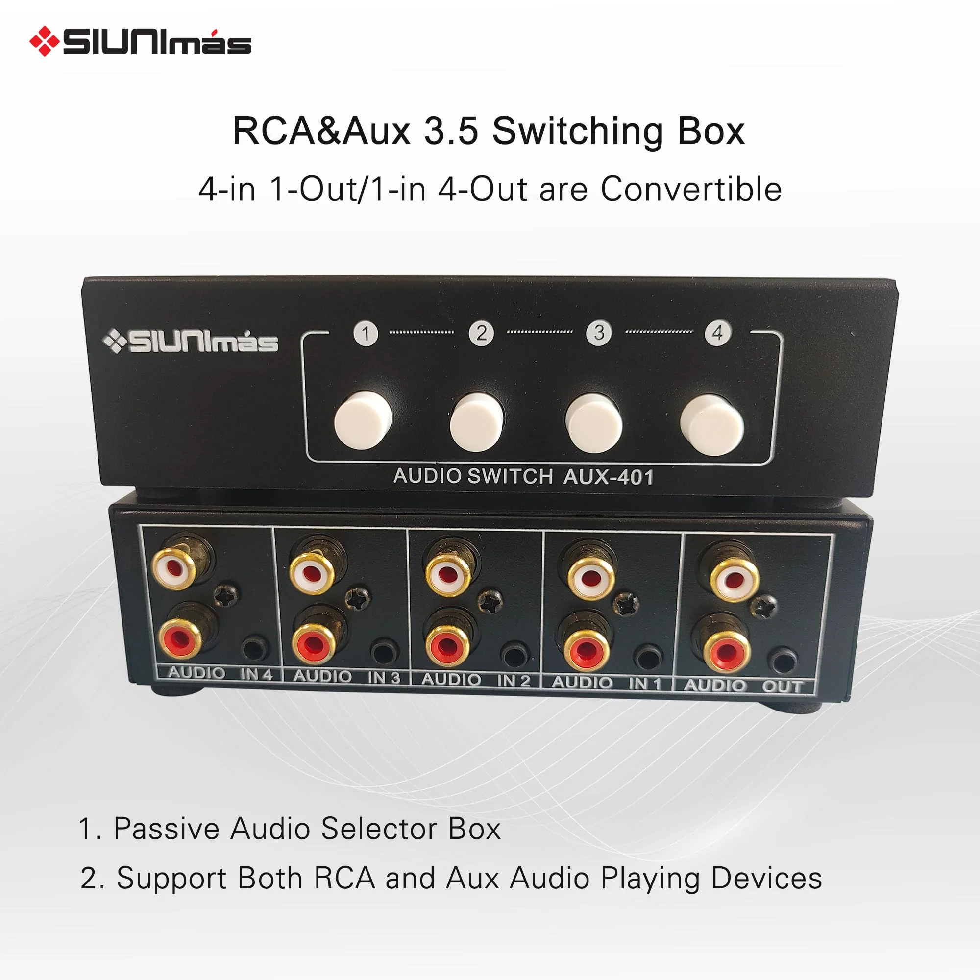 4-in 1-Out RCA and 3.5mm Aux Audio Receiver Switching Box 4 Channels Audio Converter Passive Audio Selector Switch Box 1-in 4-Out (S401-RCA AUX) S401-RCA AUX - Image 2