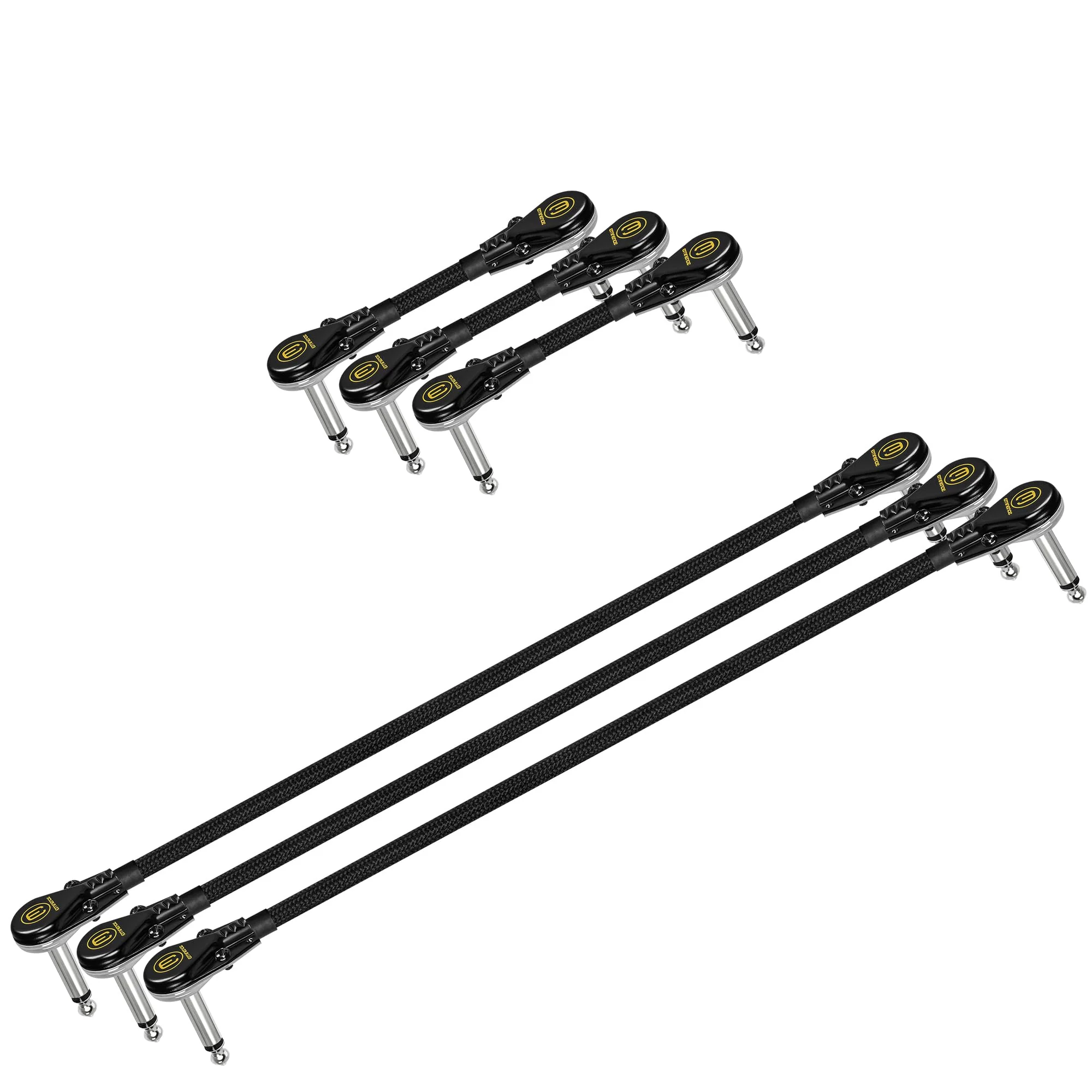 4 Inch x3 + 12 Inch x3 -Audioblast HQ-1 Braid (Black) - Flexible - Dual Shielded (100%) - Instrument Effects Pedal Patch Cable w/Low-Profile, R/A Pancake TS (6.35mm) Plugs & Dual Staggered Boots