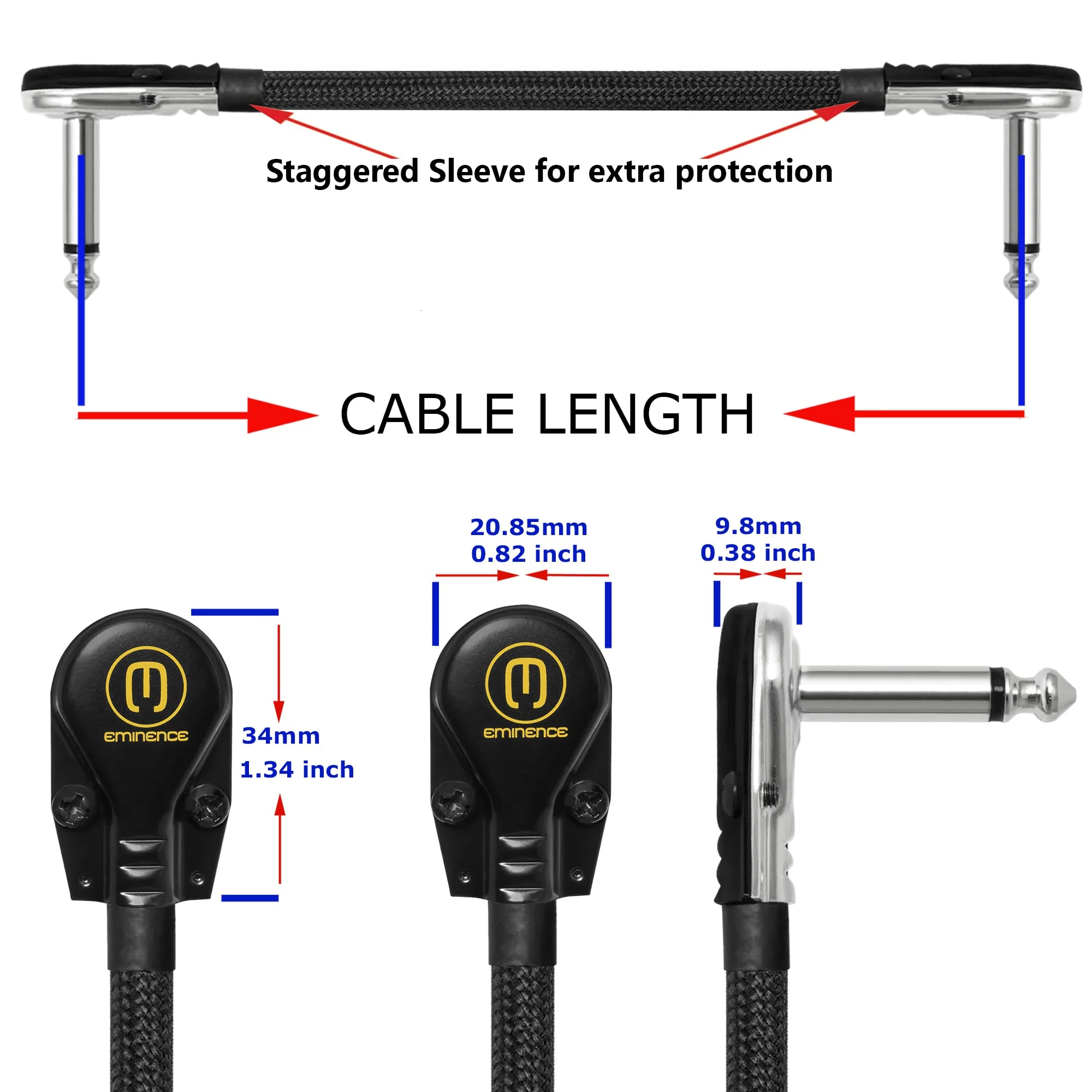 4 Inch x3 + 12 Inch x3 -Audioblast HQ-1 Braid (Black) - Flexible - Dual Shielded (100%) - Instrument Effects Pedal Patch Cable w/Low-Profile, R/A Pancake TS (6.35mm) Plugs & Dual Staggered Boots - Image 5