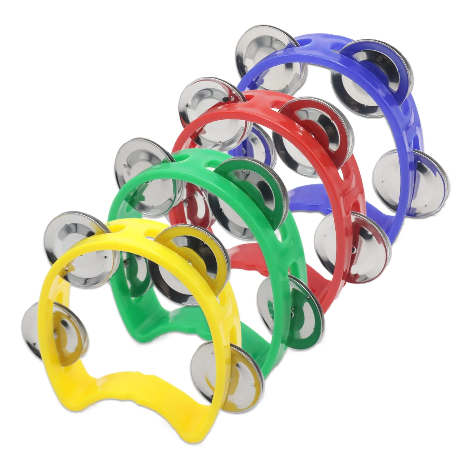 4-Pack Plastic Percussion Handheld Tambourines with 4 Jingle Bells, Mini Hand Bell Percussion, Musical Rhythm Instruments in 4 Colors for Kids, Adults, School and Party 4 Color