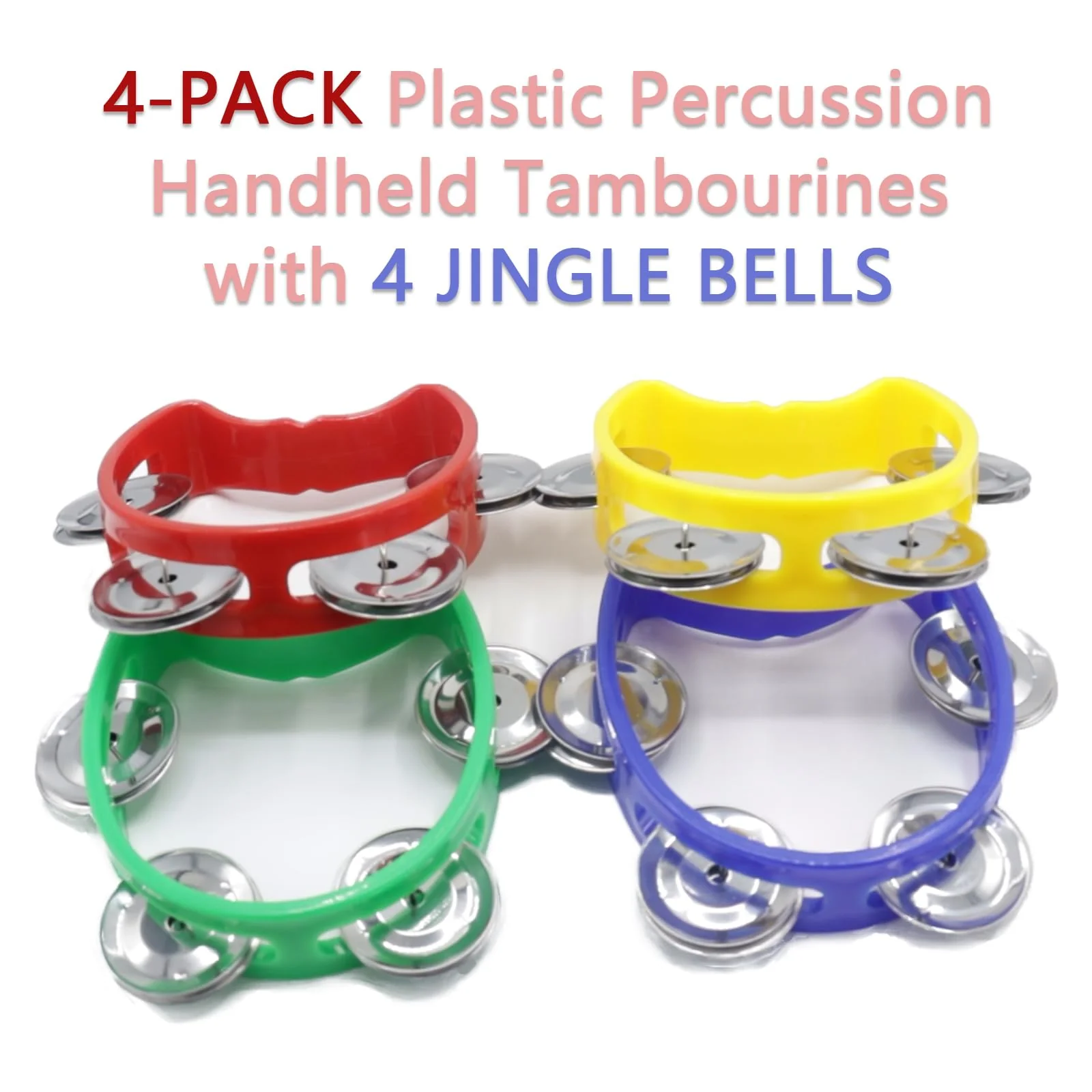 4-Pack Plastic Percussion Handheld Tambourines with 4 Jingle Bells, Mini Hand Bell Percussion, Musical Rhythm Instruments in 4 Colors for Kids, Adults, School and Party 4 Color - Image 2