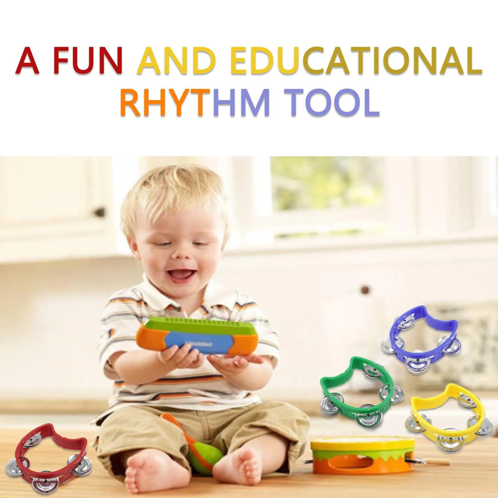 4-Pack Plastic Percussion Handheld Tambourines with 4 Jingle Bells, Mini Hand Bell Percussion, Musical Rhythm Instruments in 4 Colors for Kids, Adults, School and Party 4 Color - Image 5