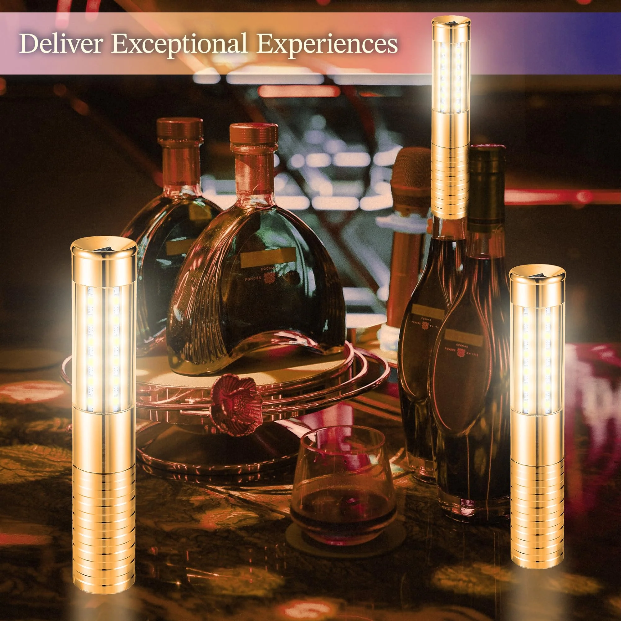 4 Packs Rechargeable LED Strobe Baton Lights Reusable Bottle Service Lights for Liquor Bottles Handheld Service Sparklers for Club Weddings Concert Outdoor Events (Gold-White Light, 4) Gold-White Light - Image 2