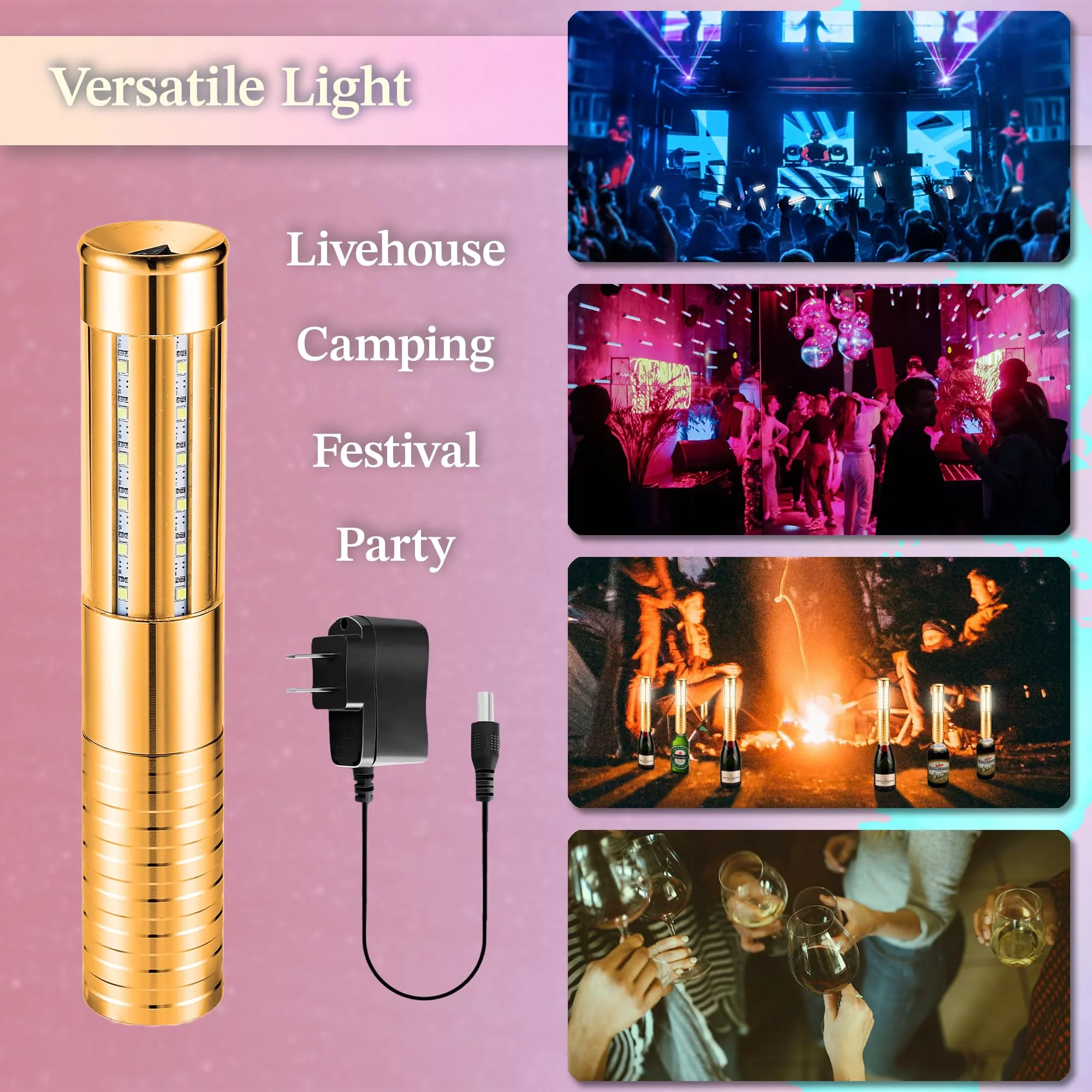 4 Packs Rechargeable LED Strobe Baton Lights Reusable Bottle Service Lights for Liquor Bottles Handheld Service Sparklers for Club Weddings Concert Outdoor Events (Gold-White Light, 4) Gold-White Light - Image 5