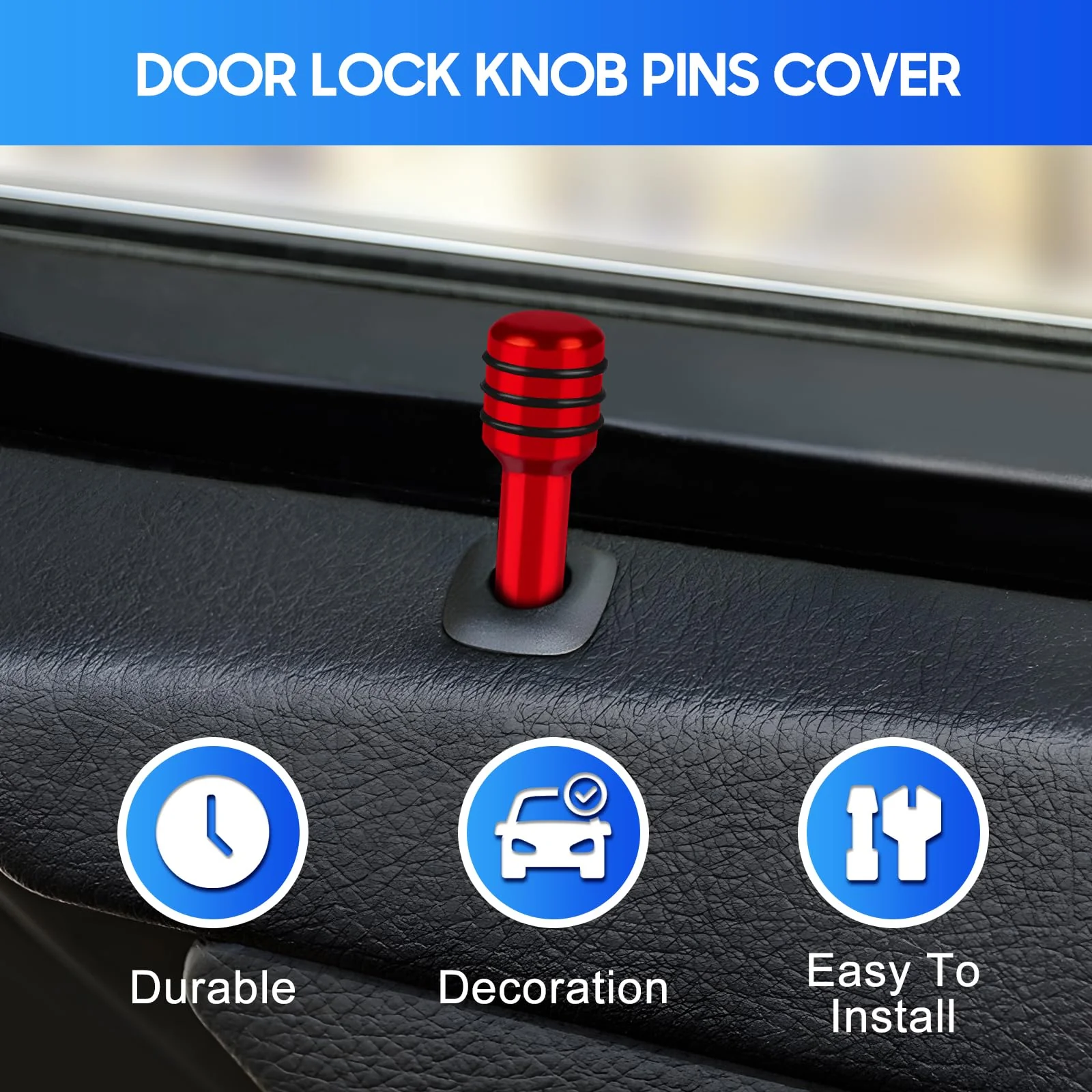 4 PCS Car Door Lock Knobs, Inner Door Lock Pull Pin Cover, Aluminum Alloy Decorative Door Lift Bolt, Universal Auto Accessories for Cars, Trucks (Red) Red - Image 2