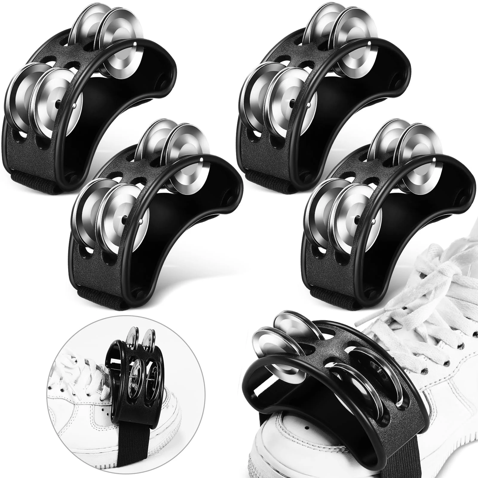 4 Pcs Foot Tambourine Percussion Musical Instrument foot tambourines for adults Foot Percussion Pedal with Metal Bells Shoe Tambourines Shakers for Drum Guitar Playing(Black) Black