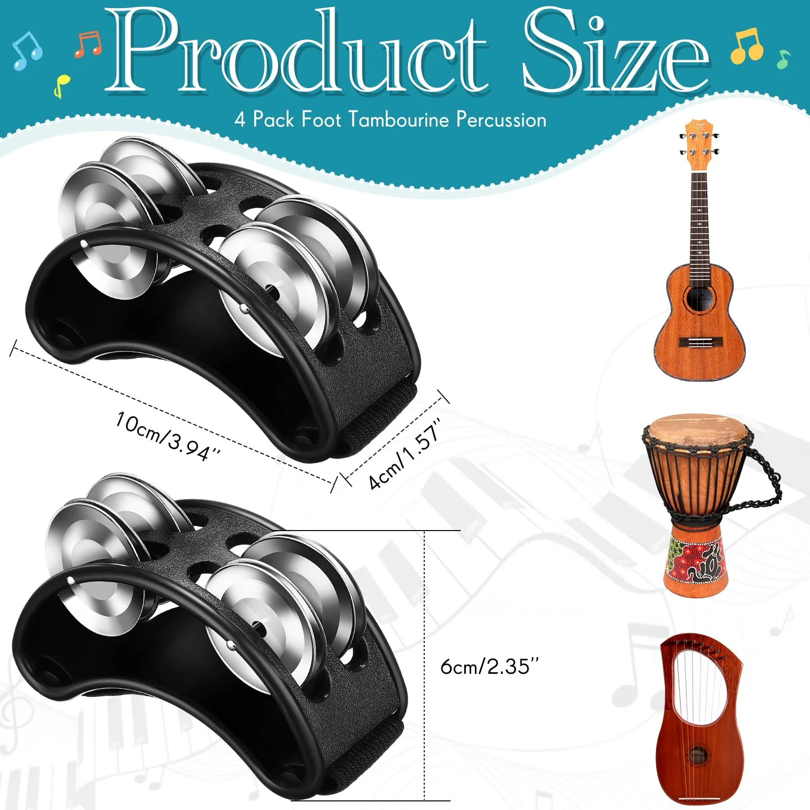 4 Pcs Foot Tambourine Percussion Musical Instrument foot tambourines for adults Foot Percussion Pedal with Metal Bells Shoe Tambourines Shakers for Drum Guitar Playing(Black) Black - Image 2