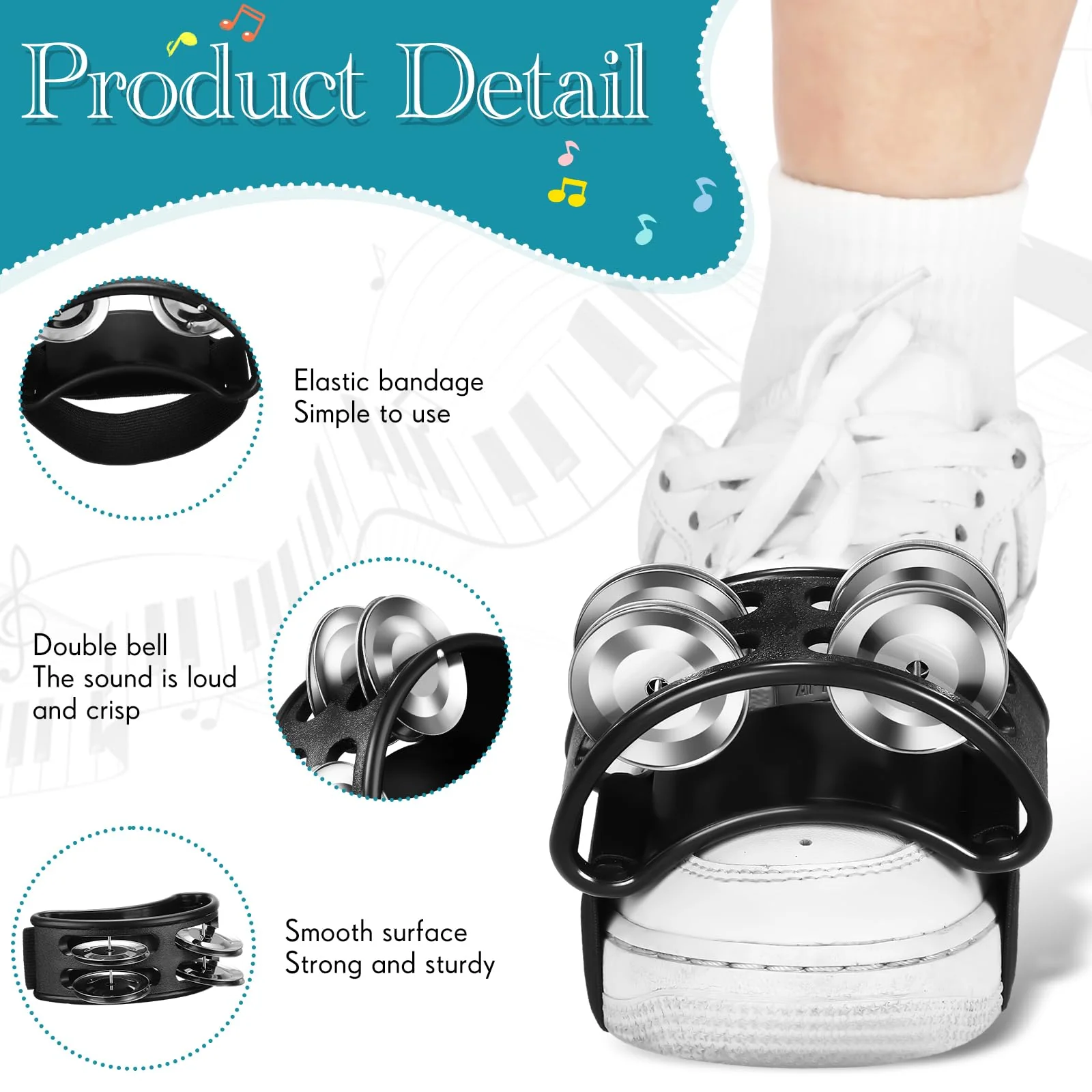 4 Pcs Foot Tambourine Percussion Musical Instrument foot tambourines for adults Foot Percussion Pedal with Metal Bells Shoe Tambourines Shakers for Drum Guitar Playing(Black) Black - Image 3