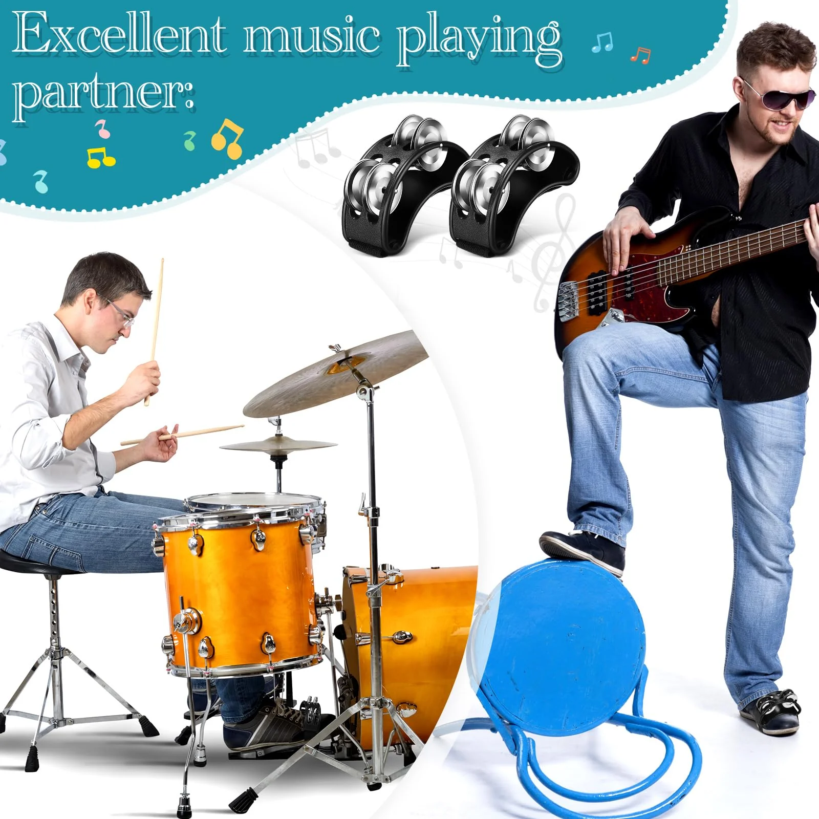 4 Pcs Foot Tambourine Percussion Musical Instrument foot tambourines for adults Foot Percussion Pedal with Metal Bells Shoe Tambourines Shakers for Drum Guitar Playing(Black) Black - Image 5