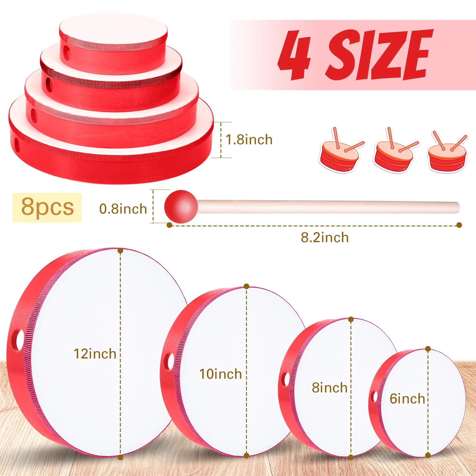 4 Pcs Kids Hand Drum Adults Wood Frame Drum Set with Drum Stick 12 Inch 10 Inch 8 Inch 6 Inch Percussion Musical Instruments for School Kids Adults Beginners Home Party Supplies (Red) Red - Image 2