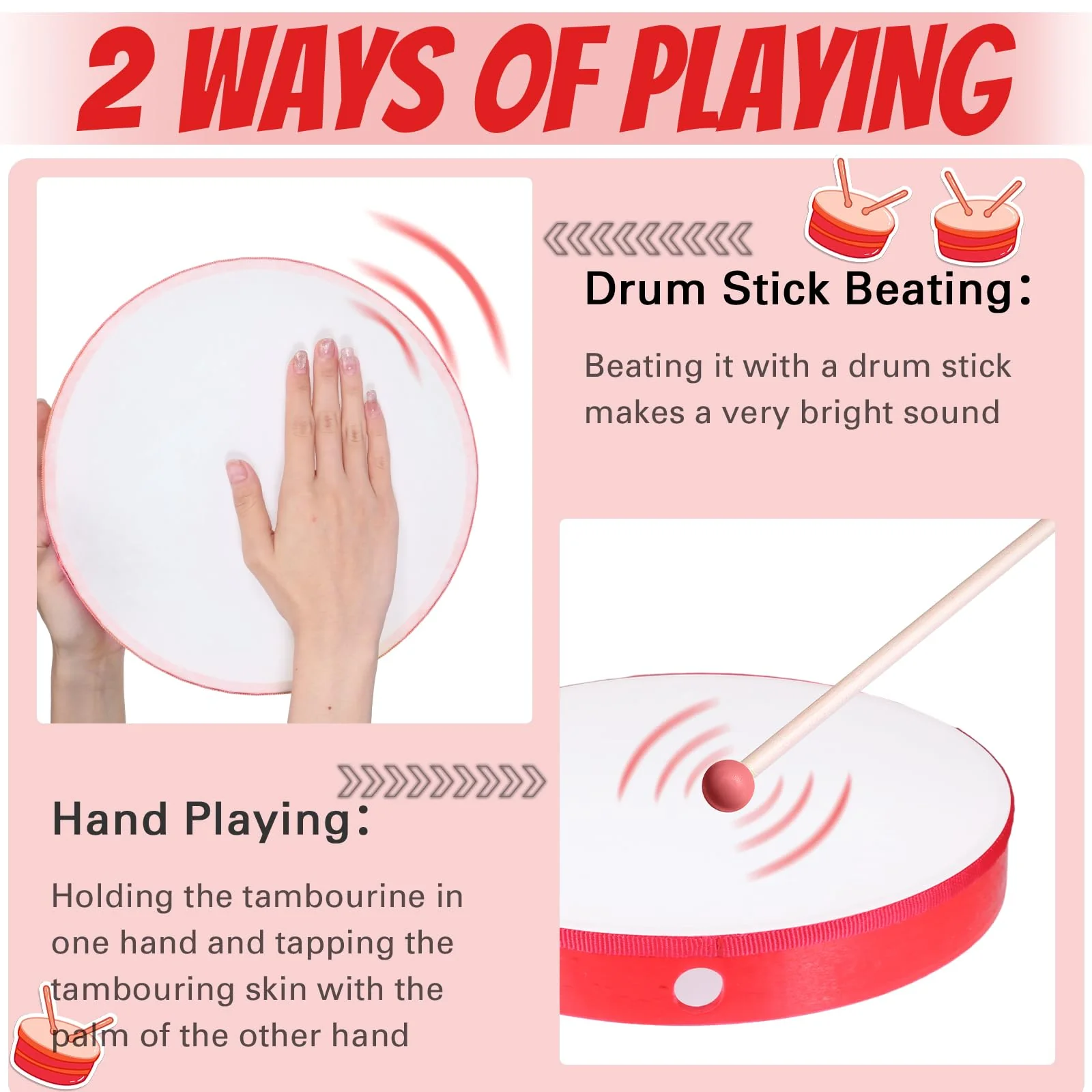 4 Pcs Kids Hand Drum Adults Wood Frame Drum Set with Drum Stick 12 Inch 10 Inch 8 Inch 6 Inch Percussion Musical Instruments for School Kids Adults Beginners Home Party Supplies (Red) Red - Image 3