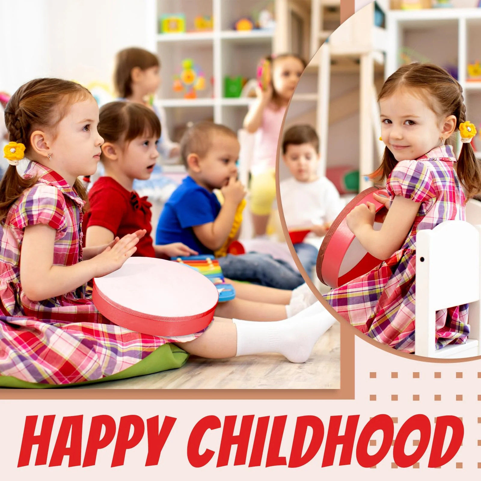 4 Pcs Kids Hand Drum Adults Wood Frame Drum Set with Drum Stick 12 Inch 10 Inch 8 Inch 6 Inch Percussion Musical Instruments for School Kids Adults Beginners Home Party Supplies (Red) Red - Image 4